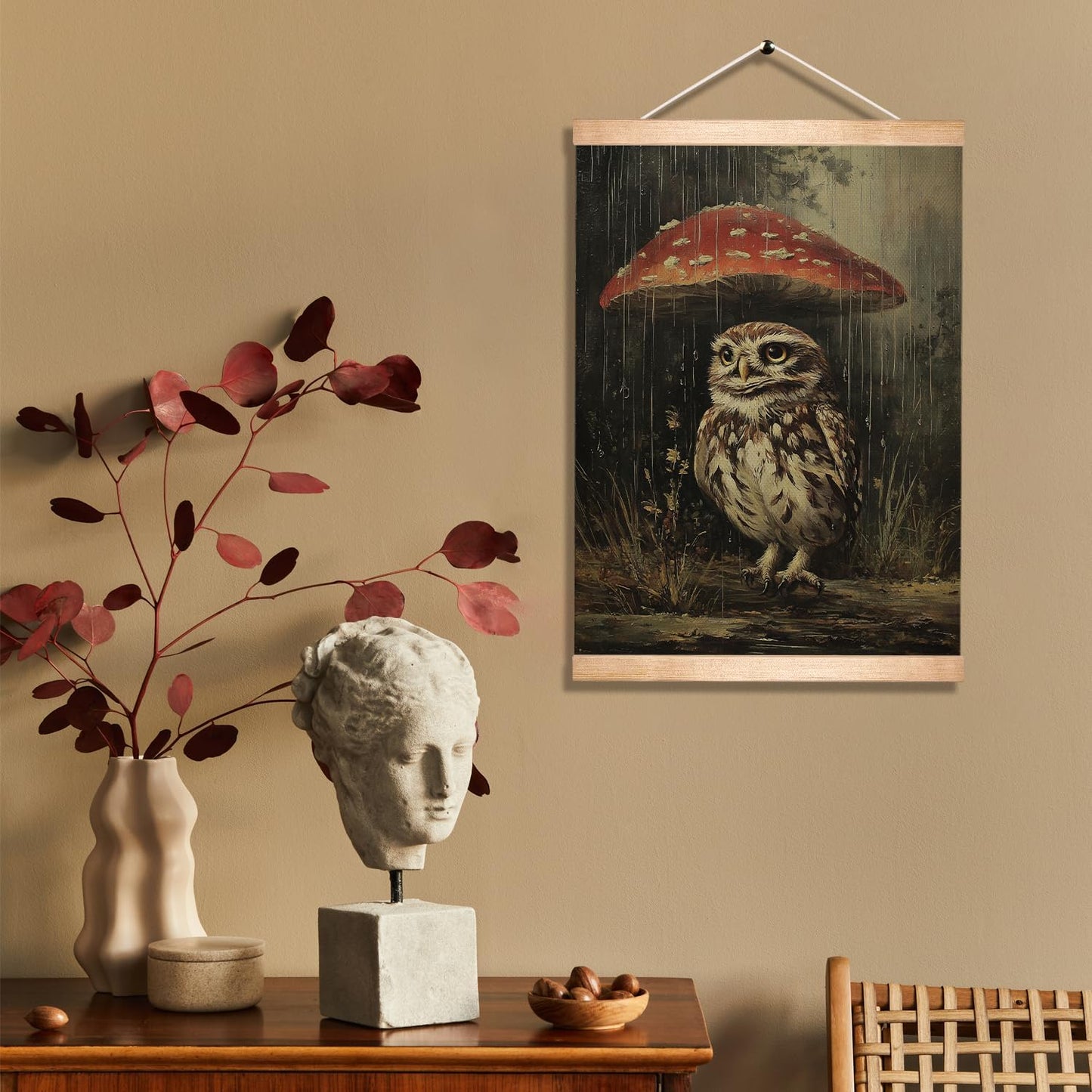 HEYJEEPER Owl and Mushroom Wall Art,14x18inch Gothic Animal Canvas Poster with Wood Hanger,Vintage Owl Home Wall Decor for Bedroom,Living Room,Gothic Lovers Gift