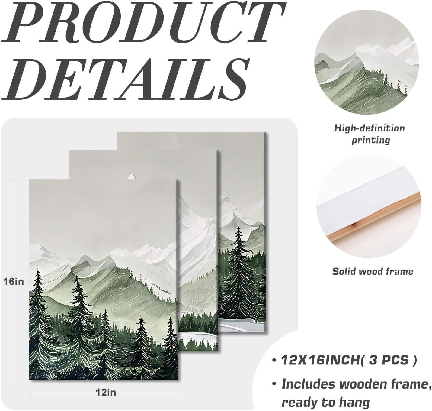 3 pcs Frame Watercolor Neutral Wall Art Canvas Print Mountain Forest Landscape Nature Wall Decor Artwork Scandinavian Minimalist Posters Prints 12x16 Inch for Living Room Bedroom Office Home
