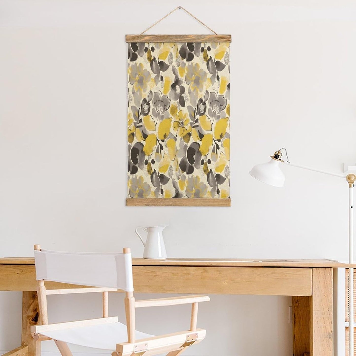 Vintage Yellow Gray Flower Poster with Wooden Frame Personalized Linen Hanging Scroll Painting Rustic Wall Hanging Illustrative Modern Artwork Decor for Home Living Room Bedroom Office