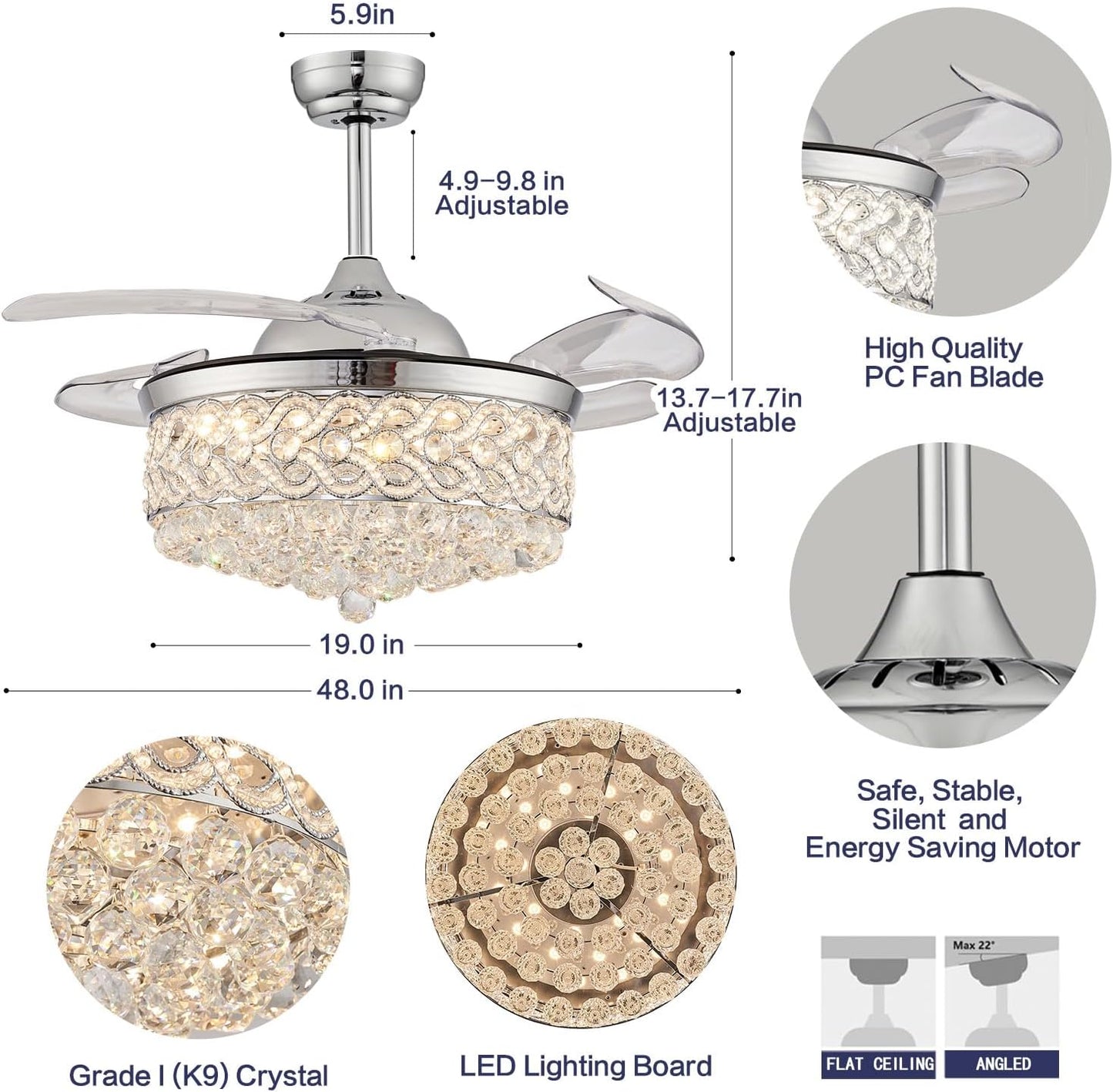 48" Crystal Ceiling Fan with Light and Remote，Dimmable Fandelier with Invisible Retractable Blades, Modern Chandelier Ceiling Fans with Lights for Bedroom Living Room 6 Speed Chrome