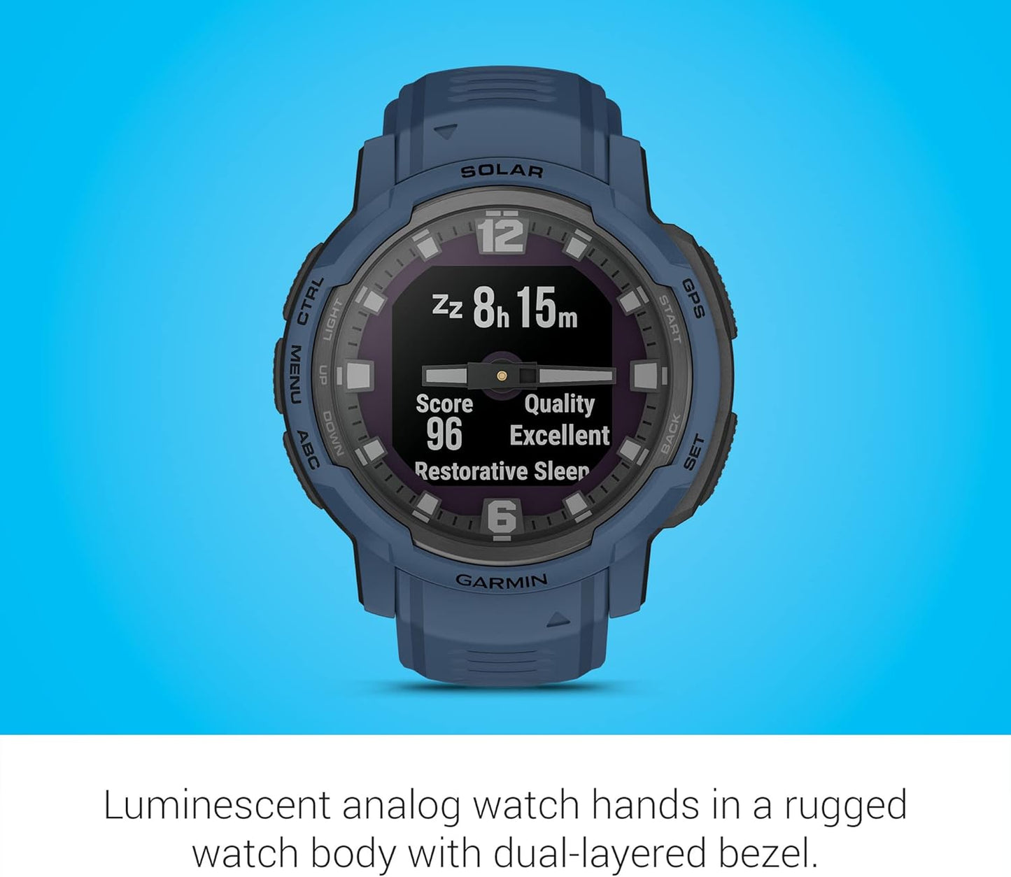 Garmin Instinct Crossover Solar, Rugged Hybrid Smartwatch with Solar Charging Capabilities, Analog Hands and Digital Display, Tidal Blue