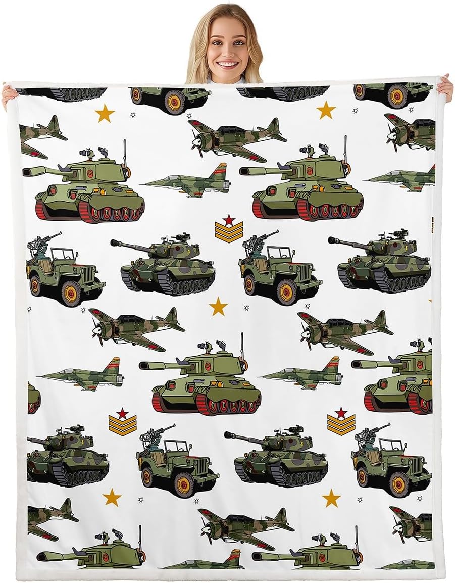Manfei War Theme Throw Blanket Aircraft Tanks Bed Blanket for Kids Boy Room Decor, Retro Army Green Airplane Tanks Blanket for Couch Sofa, Soft and Breathable Fleece Blanket(60 x 80 Inches)