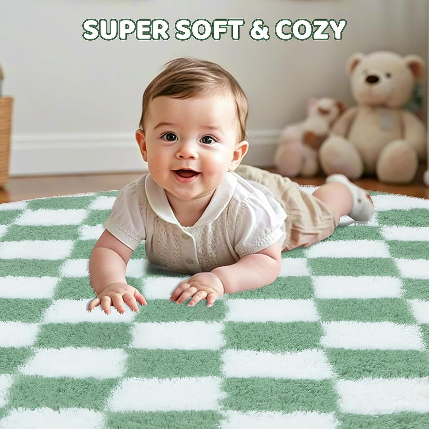 Super Soft Rug, Round Rug for Bedroom, 4X4 Ft Sage Green and White Checkered Round Rug Non-Slip High Pile Cute Soft Fluffy Rug for Living Room Bedroom Kids Room