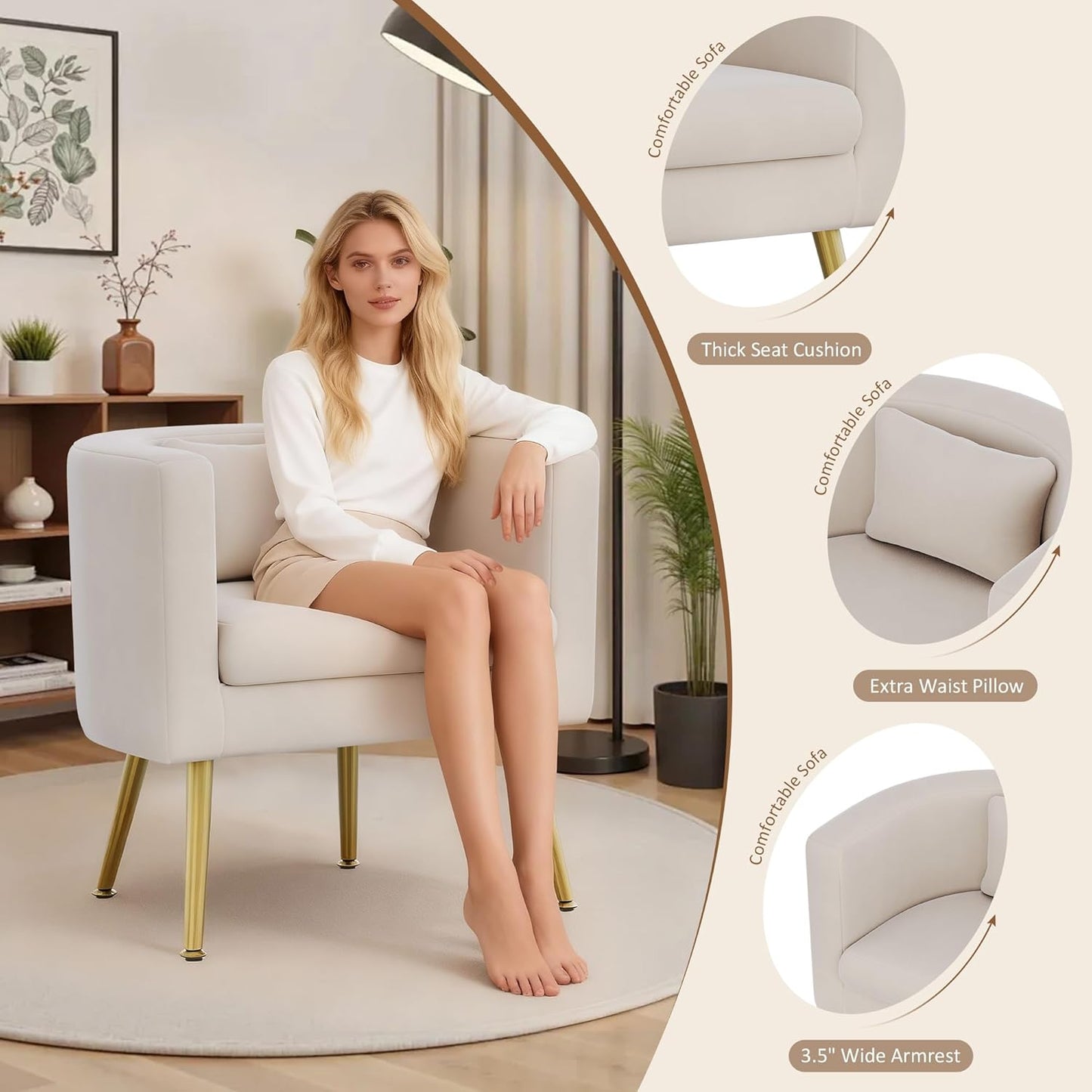 Velvet Accent Chair with Gold Legs Modern Upholstered Barrel Chairs Ivory Armchair for Living Room Bedroom