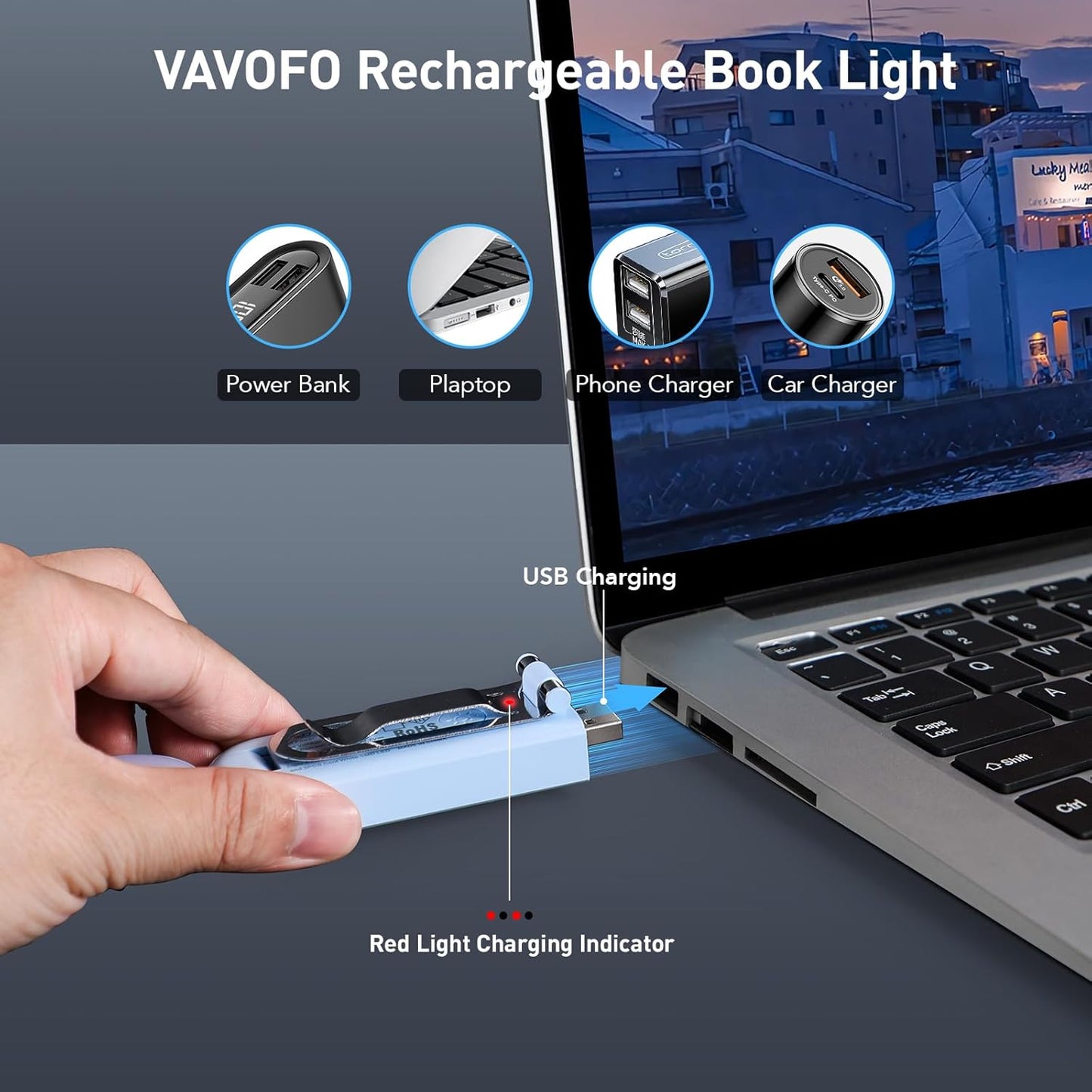 VAVOFO USB Rechargeable Book Light, Blue Lighting Blocking, Amber Light Clip On Bookmark Shaped 6 LEDs Reading Light, Eye Care for Bookworms Reading in Bed with 9 Lighting Modes (Light Blue)