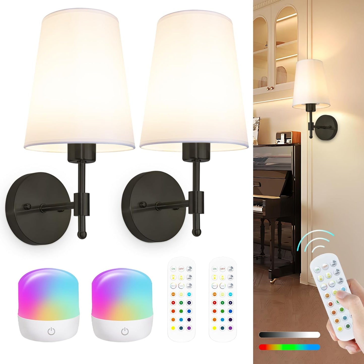 Battery Operated Wall Sconces Set of 2, Rechargeable Black Wall Sconce with Remote Control, 12 Colors RGB Magnetic Bulb, Wireless Battery Wall Lamp for Bedroom Living Room Hallway