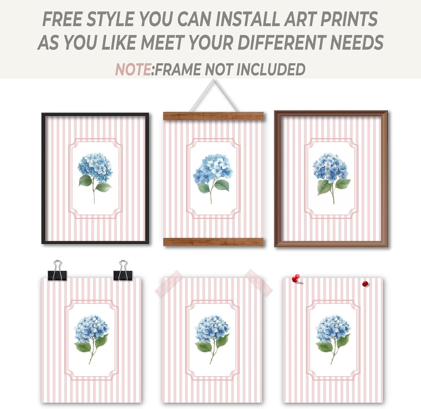 Foritho Pink Striped Blue Hydrangea Floral Wall Art Prints 8x10 Set of 4, Grandmillennial Blue Flower Botanical Wall Decor Pictures Posters for Girls Bedroom Home Living Room, Unframed