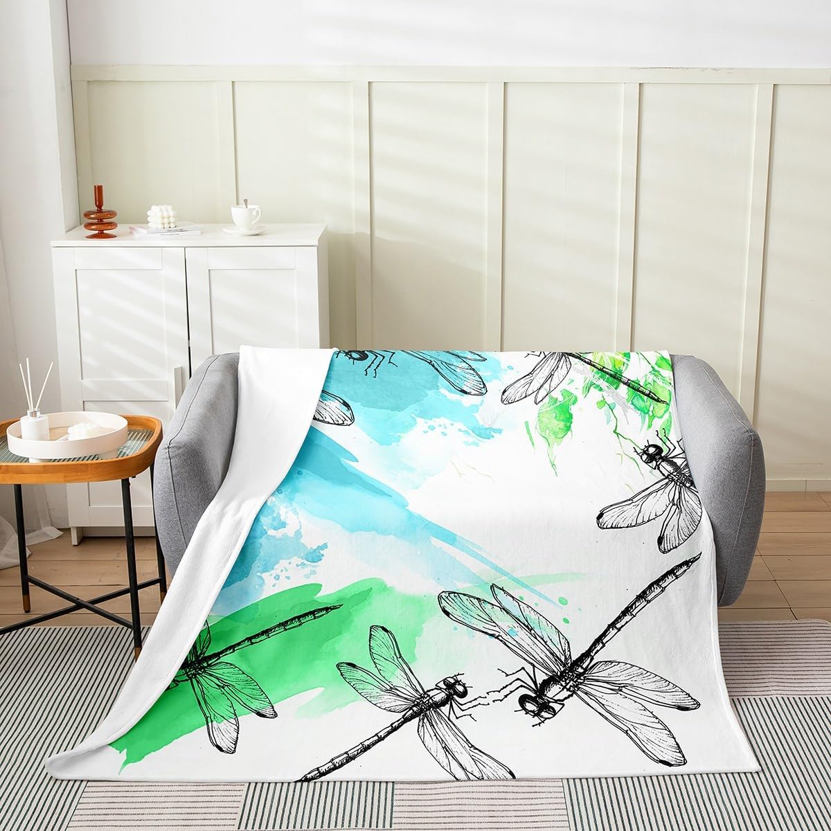 Kawaii Dragonfly Kids Flannel Fleece Throw Blanket Queen 90"x90" Gifts for Sofa Couch Women Fuzzy Blanket for Sofa Couch Animal Decor All Season Bed Blanket Blue Green Plush Blanket BedroomQuilt Cover