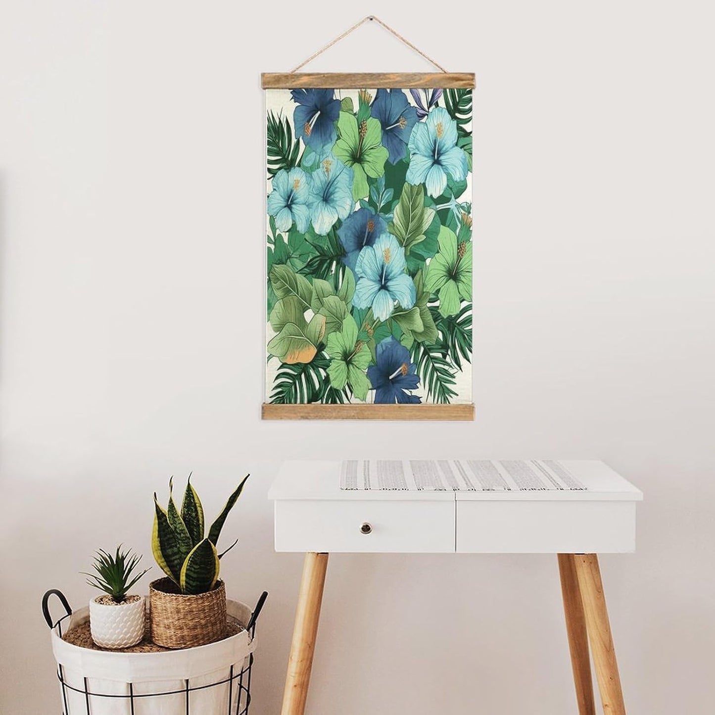 Vintage Green And Blue Hibiscus Flowers Poster with Wooden Frame Personalized Linen Hanging Scroll Painting Rustic Wall Hanging Illustrative Modern Artwork Decor for Home Living Room Bedroom Office