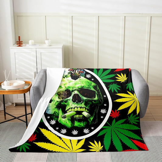 Gothic Skull Flannel Blanket,Cannabis Leaf Marijuana Weed Throw Blanket,Trippy Skeleton Halloween Theme Cozy Throws for Bed Couch Sofa,Green Black Soft and Breathable,Throw Size (50 x 60 Inches)