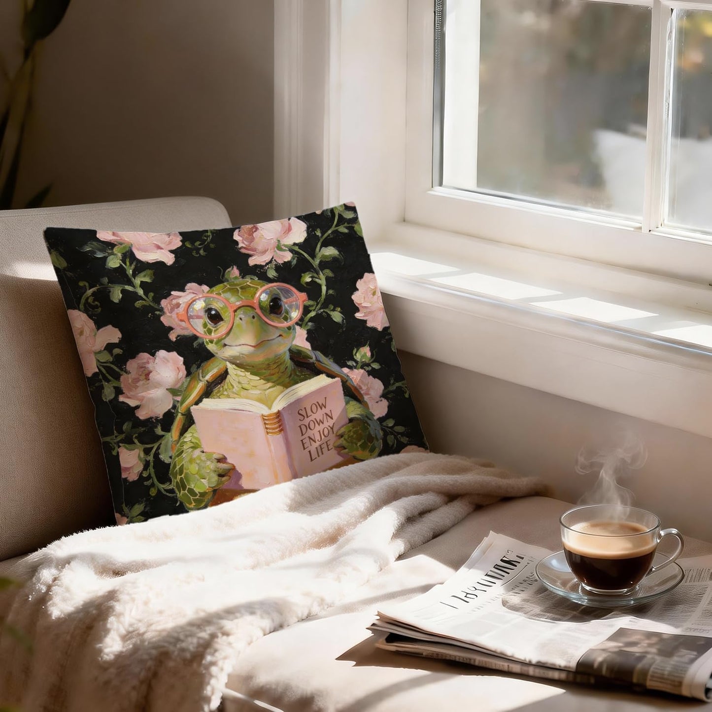 Pink Rose Inspirational Turtle Reading Pillow Cover 18x18, Gifts for Turtle Lovers, Book Lover Reader Gifts Decorative Throw Pillow Cover for Reading Nook Corner Room Library Home