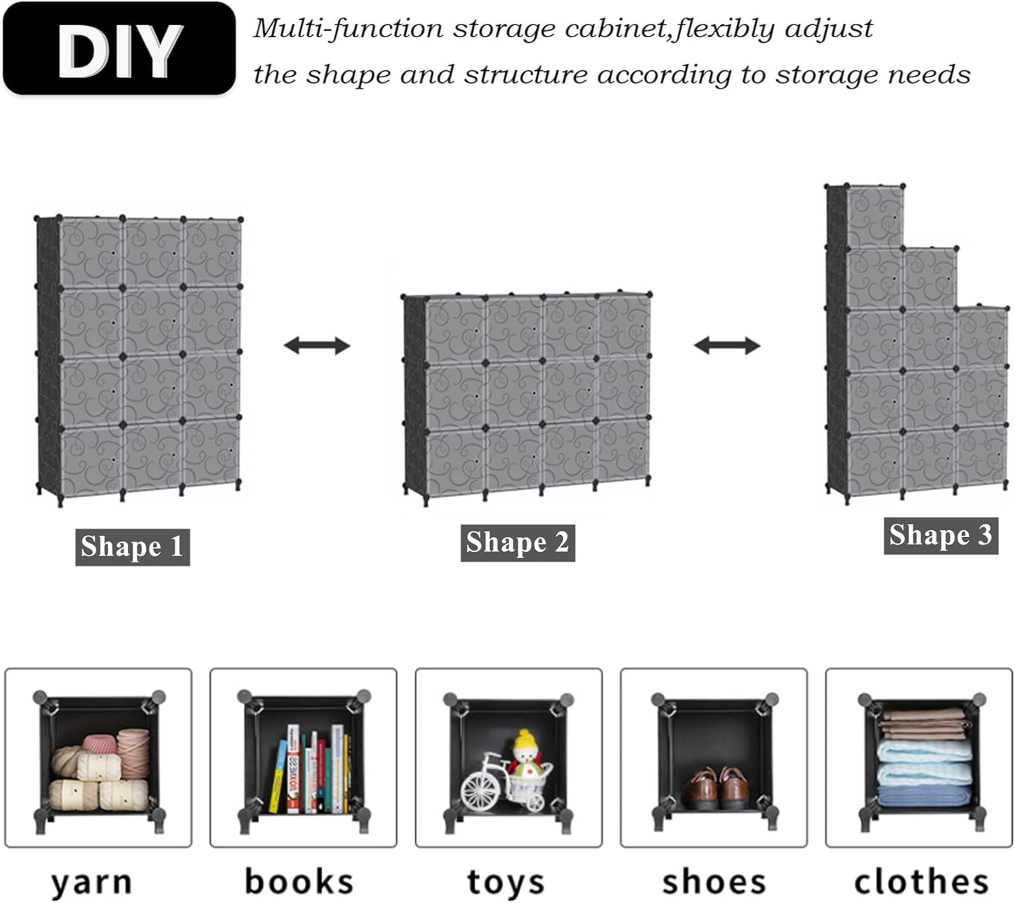 AWTATOS 12 Cube Storage Organizer with Doors, DIY Plastic Closet Shelf, Modular Bookshelf, Stackable Shelving Rack for Bedroom, Living Room, Black ULPZ012