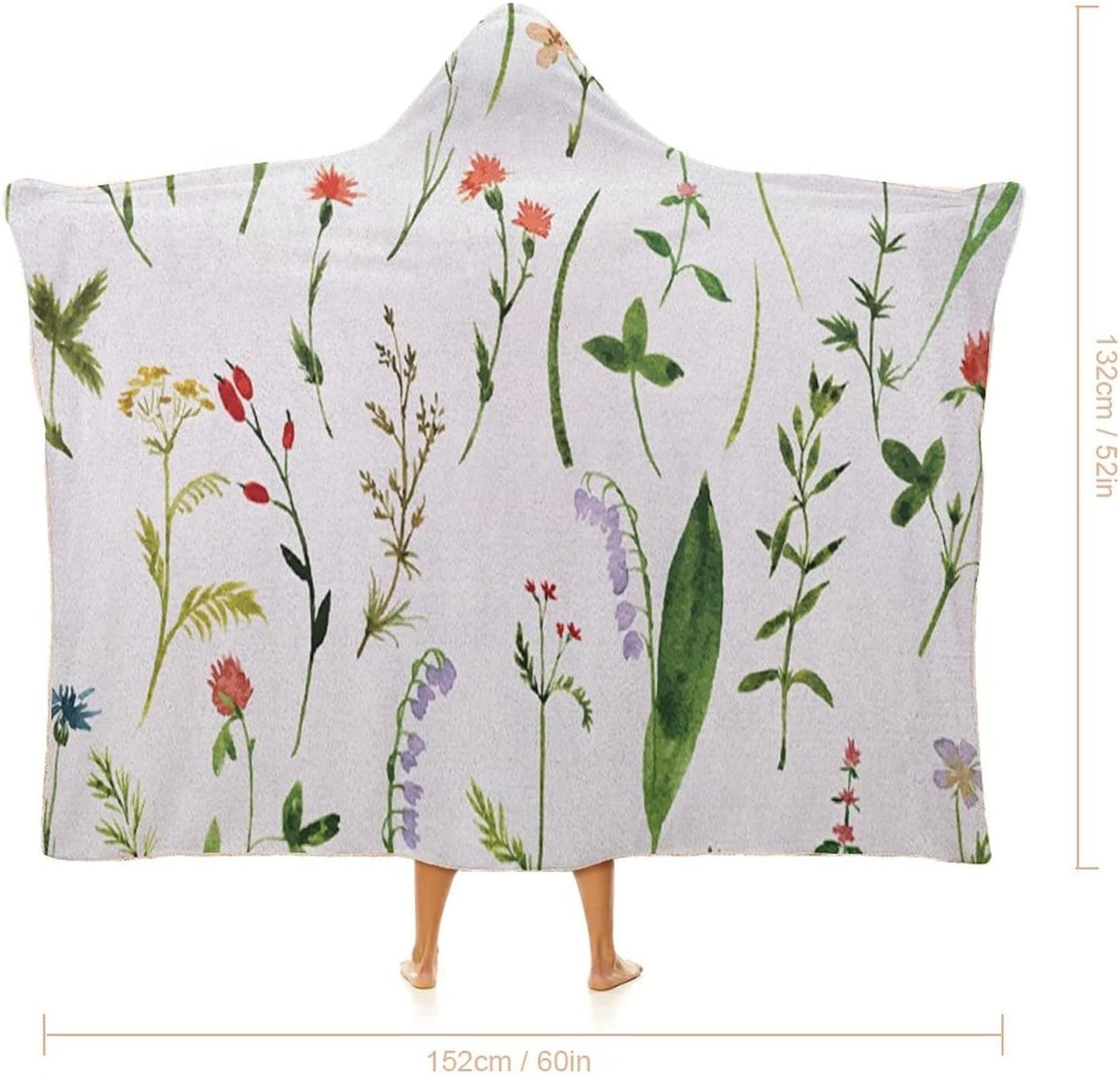 Throw Blankets, Watercolor Flower Women Men Hooded Blanket, Different Kinds of Flowers with Herbs Weeds Plants, Soft Warm Cozy, 40 x 50inches, Studying Reading Snuggling Napping Office, Multicolor