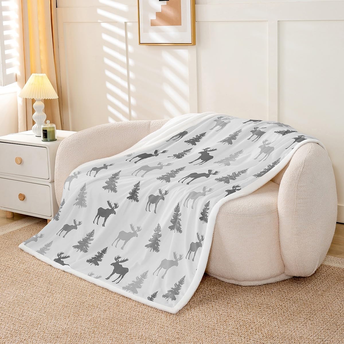 Erosebridal Woodland Sherpa Blanket Throw 50x60 Inch Elk Fleece Blanket for Kids Boys Men Wildlife Rustic Deer Farmhouse Natural White Grey Luxury Soft Fuzzy Plush Throw