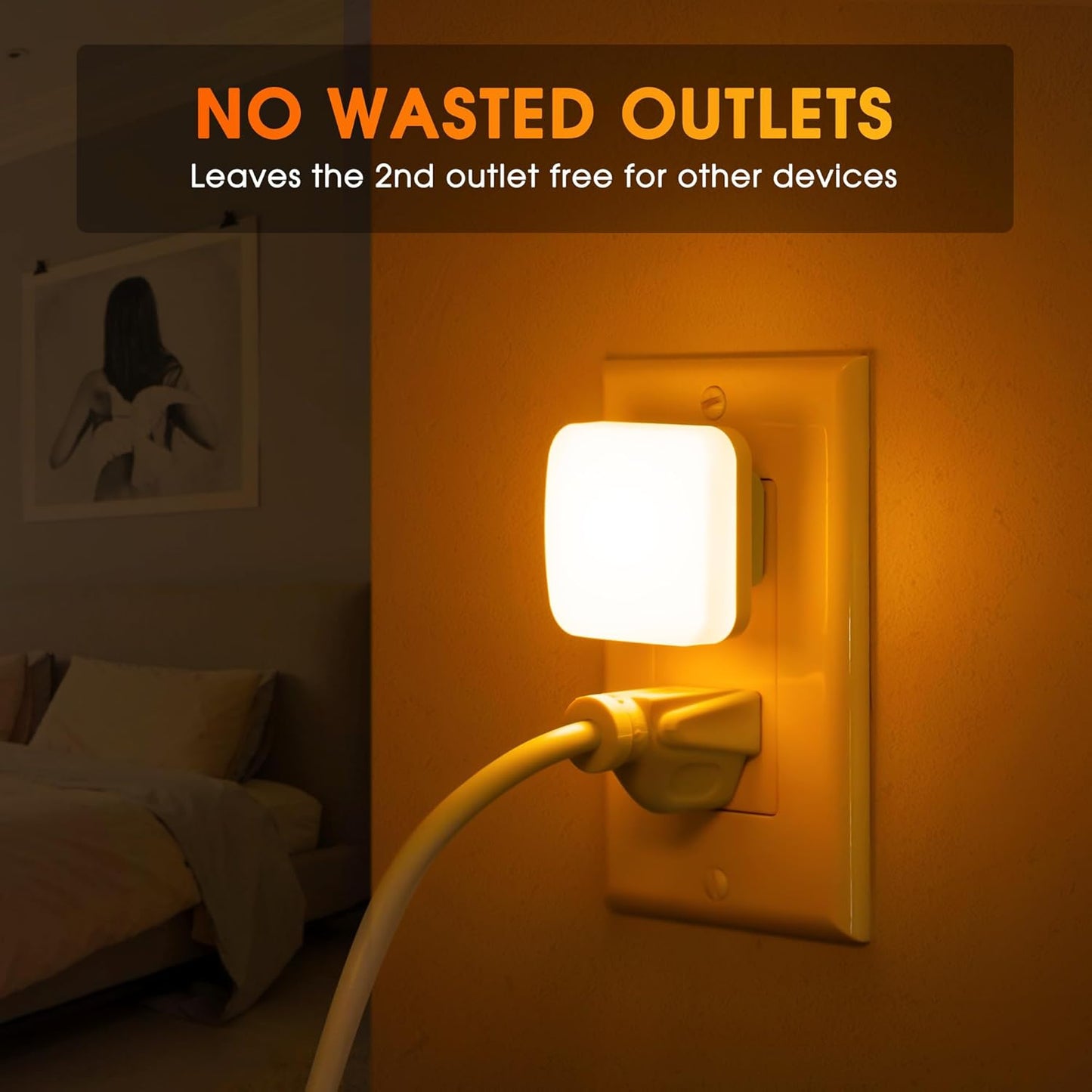 Amber Night Lights Plug into Wall, Nightlights With Light Sensor Dusk to Dawn, 0.3W Square Plug in Night Light for Kids, Amber Night Light for Bathroom Bedroom Kitchen, 2 Pack LED Night Lights