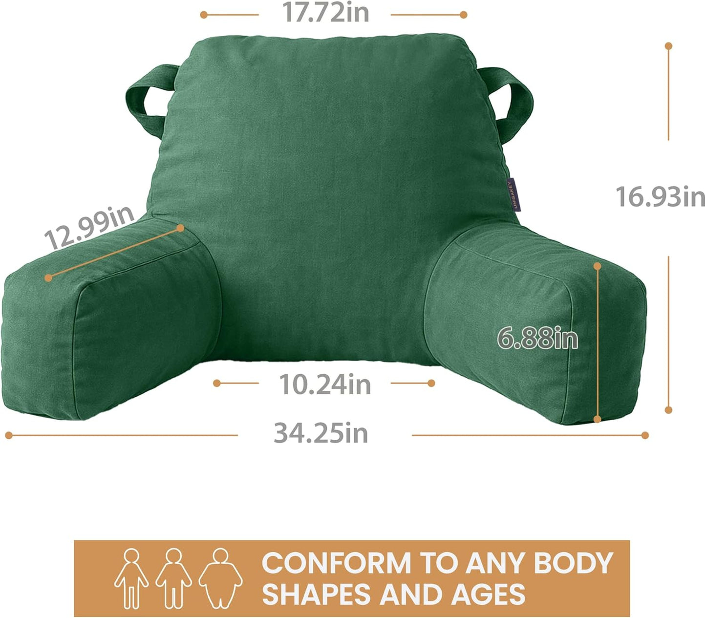 Portable Comfy Reading Pillows for Bed Sitting Up(Green Oeko-Tex), Velvet Back Pillow with Arms & Pockets for Adults, Support Memory Foam Bed Pillow for Dorm/Reading/Watching/Gaming