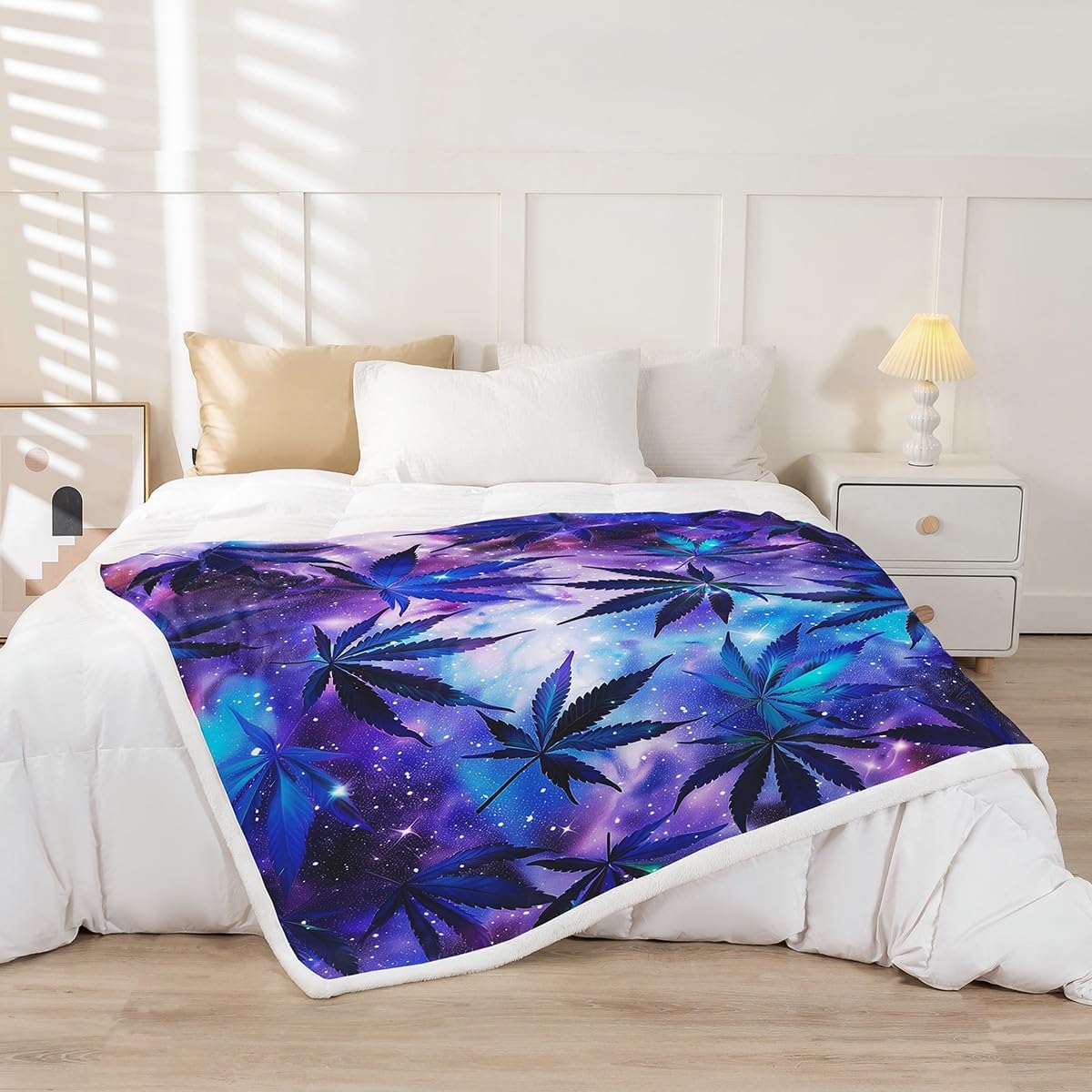 Weed Sherpa Bed Blanket Starry Galaxy Nebula Flannel Fleece Throw Blanket for Sofa Couch Tropical Leaves Plant Ultra Soft Bed Blanket Blue Purple Blanket 90"x90"