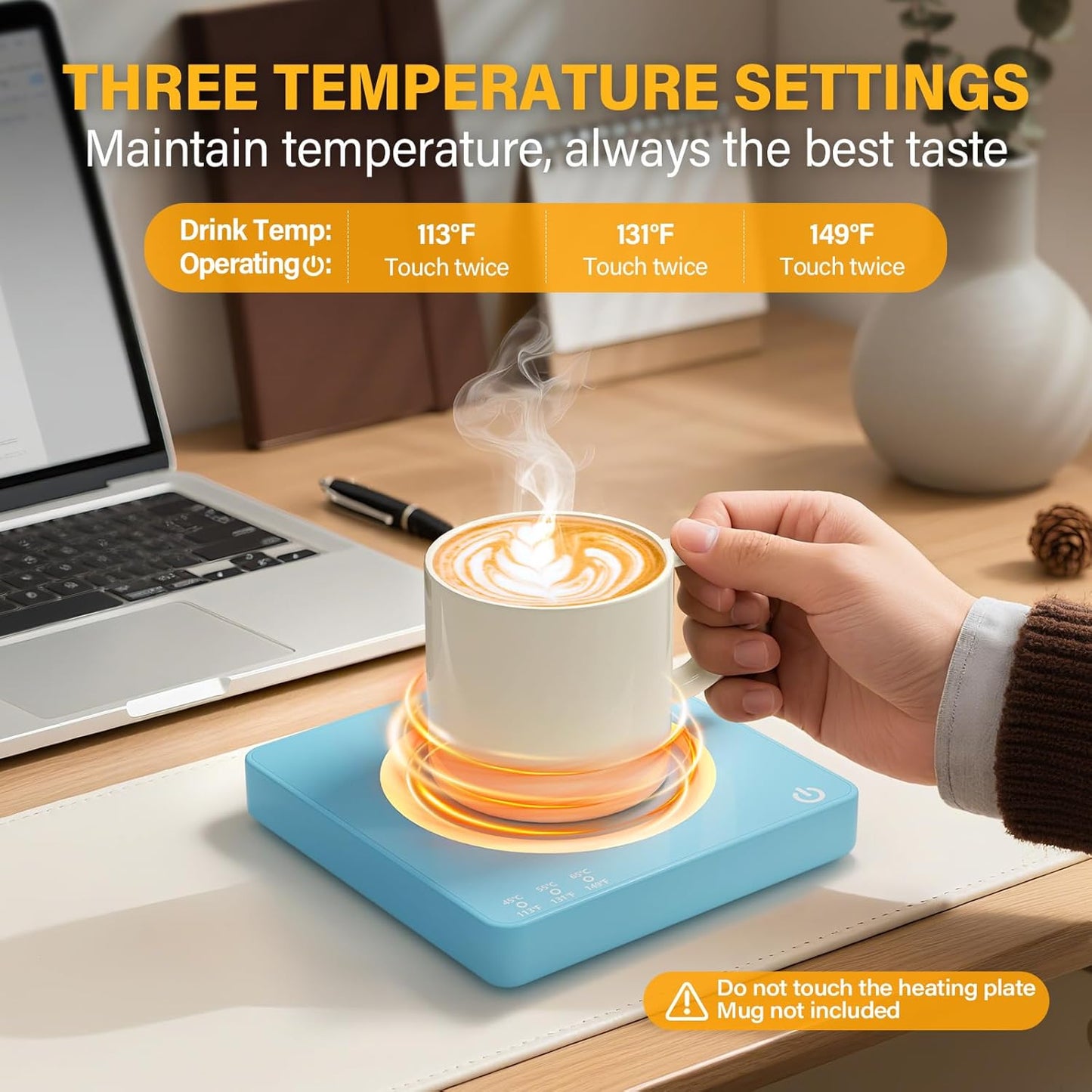 Coffee Mug Warmer, Smart Mug Warmer, 15W Wireless Phone Charging, 3 Heat Settings Temperature Controlled, 8H Auto Off, Candle Warmer, Safe for Heating Coffee, Beverage, Milk, Tea
