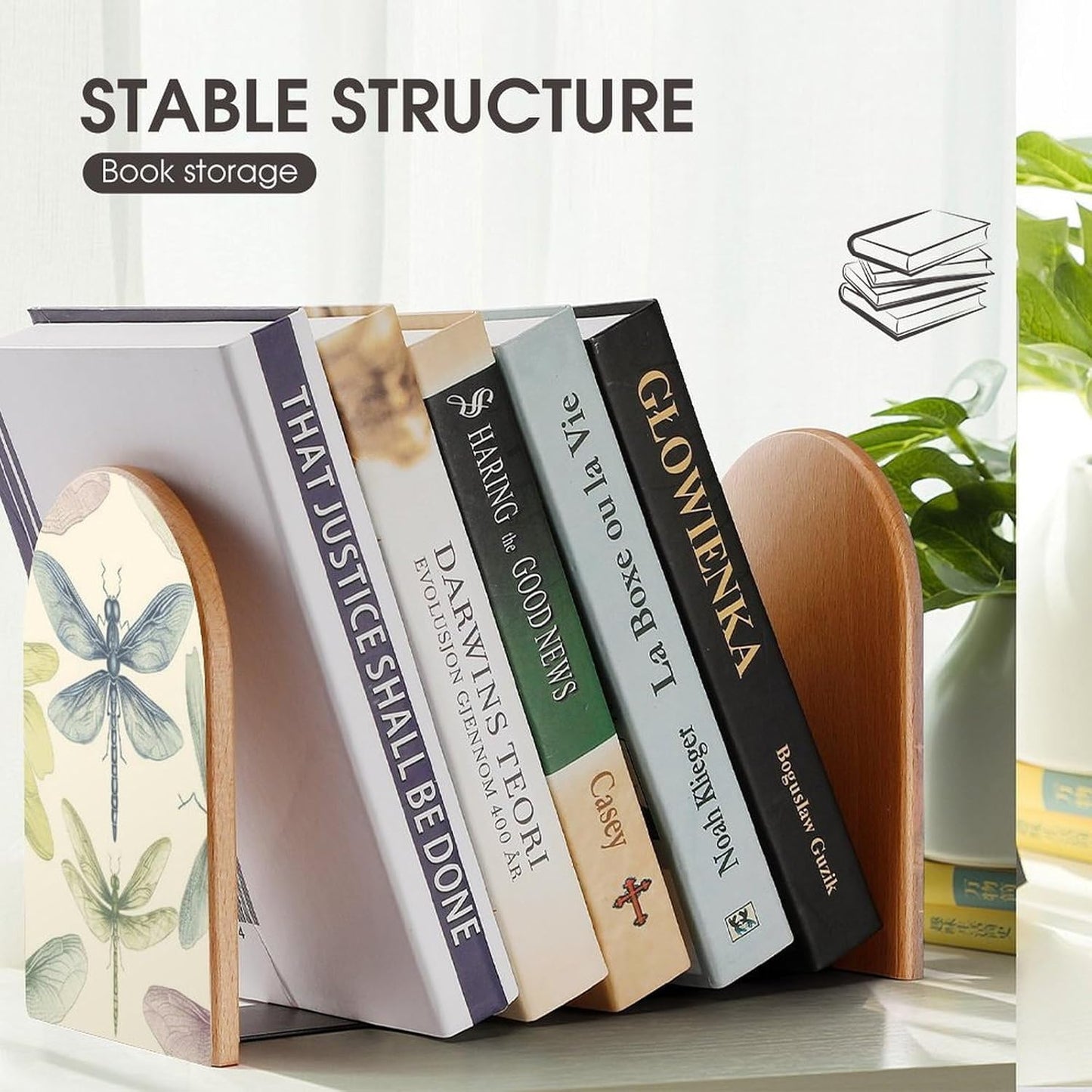 Dragonfly Drawing Bookend for Shelves Wooden Book End Large Size Sturdy Book Holders Stoppers with Metal Base for Bookshelves Slick Decorative Bookends Stands