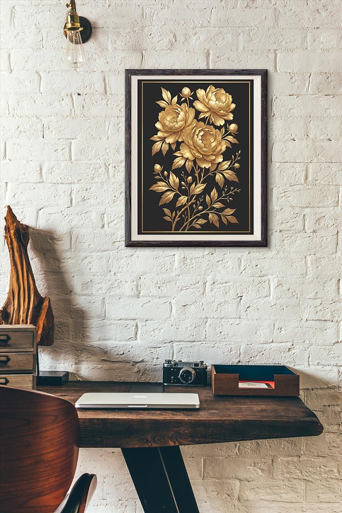 heshengzaixian Vintage Gold Line Art Peony Prints, Luxury Black and Gold Floral Wall Art Poster,Elegant Flower Botanical Decor Picture for Living Room Office Bedroom, Set of 1 8x10In Unframed