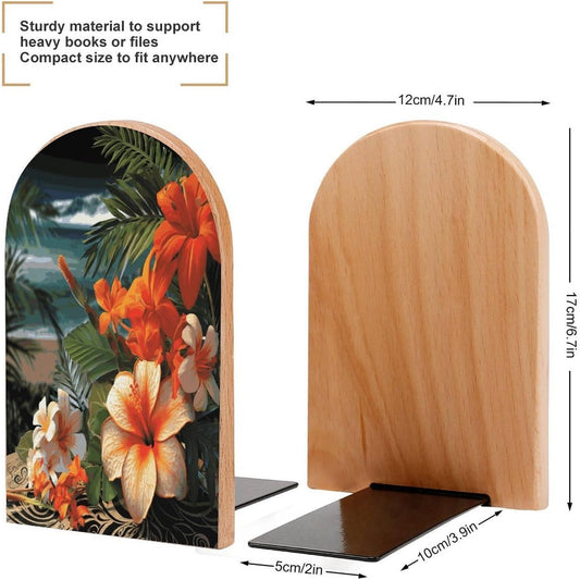 Tropical Flowers and Decorations Wooden Bookend Non-Slip Book Ends Heavy Duty Book Stopper with Metal Base Books Holderd Decorative Bookends Stands Firmly for Office Supplies