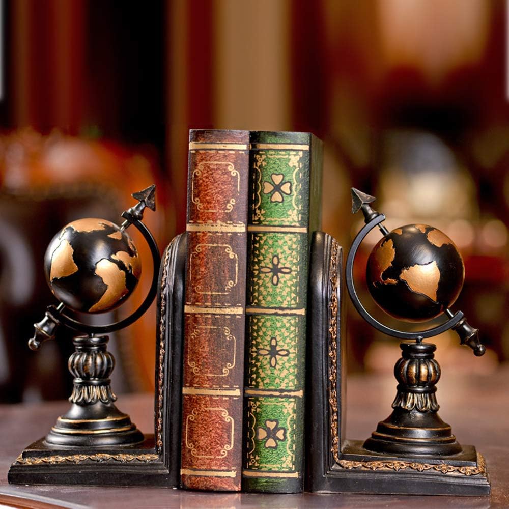 TimeStamp Decorative Bookends,Rustic Unique Globe Book Ends Stoppers Holder Nonskid for Home Shelves,Polyresin,4.5 x 5 x 8 Inches,(Set of 2)