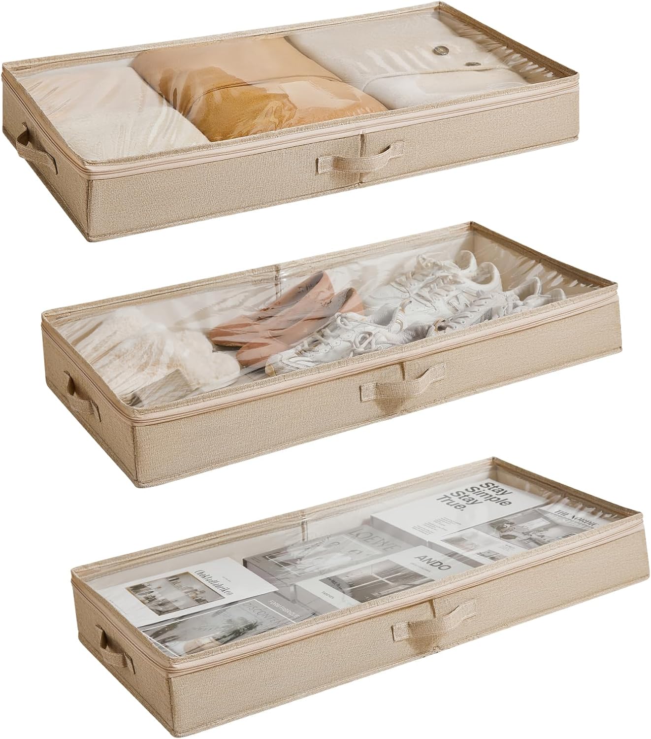 3 Pack Under Bed Storage Containers, Low Profile Underbed Shoes and Clothes Storage Organizer with Sturdy Sidewalls/Bottom, Large Dorm Storage Bins,33 * 17 * 4.5 inches,45L