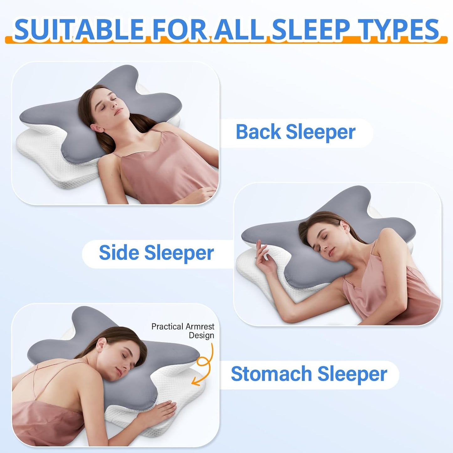 Cervical Neck Pillow, Ergonomic Memory Foam Pillows for Neck Pain Relief with Breathable Pillowcase, Adjustable Contour Neck Support Pillow for Side Back Stomach Sleepers (Gray)