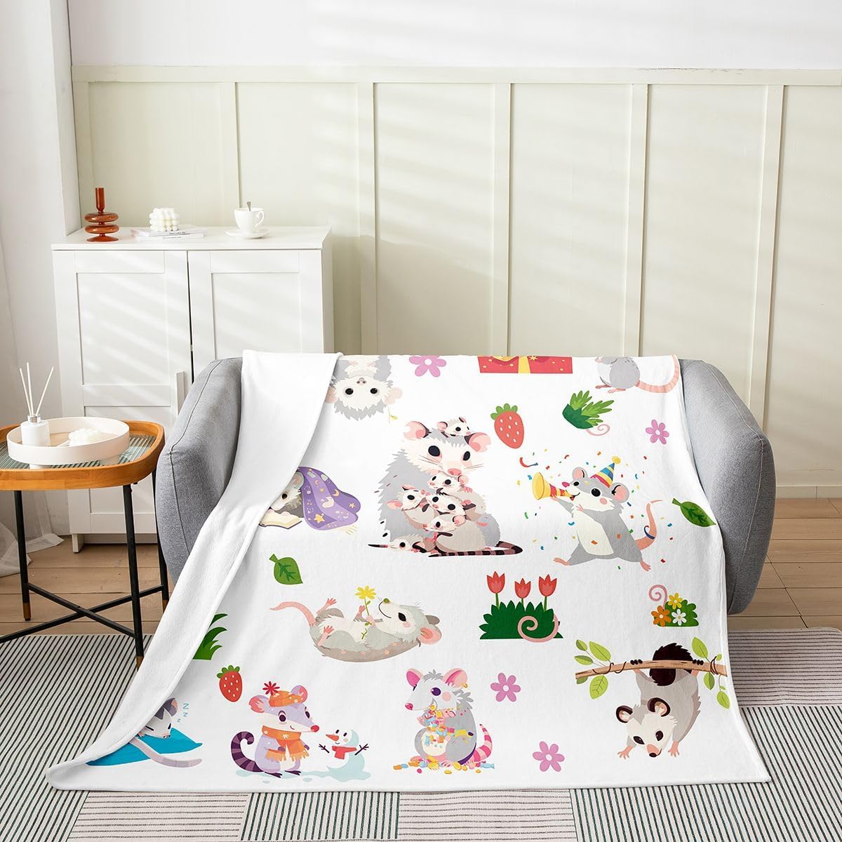 Feelyou Opossum Flannel Throw Blanket Baby 30"x40" Kids Possum Gifts Plush Blanket for Boys Girls Possums Decor Fleece Throw Blanket Cartoon Possum Stuffed Animal Fuzzy Blanket Plush Blanket