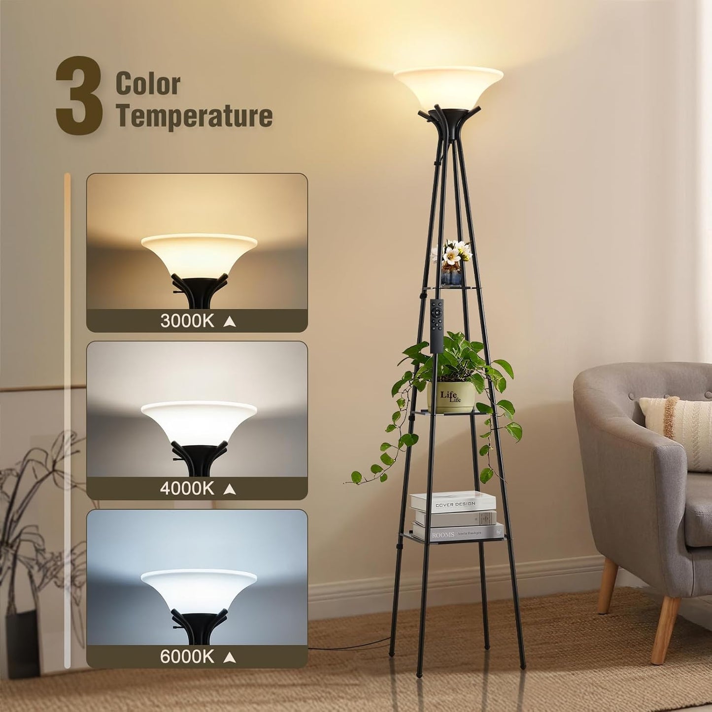 Luvkczc Upgraded Floor Lamp with 3-Tier Shelves & Remote, 69-inch Dimmable Standing Lamp with Adjustable Color Temperatures, Modern Torchiere Floor lamp for Living Room, Bedroom, Office