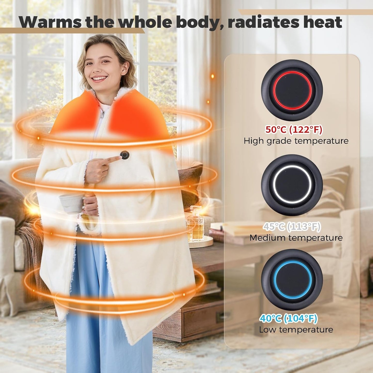 USB Heated Blanket for Keeping Warm, Cordless Wearable Throw with 3 Heat Levels, Battery Operated(No Power Bank Included) Shawl for Outdoor Use(Milk)