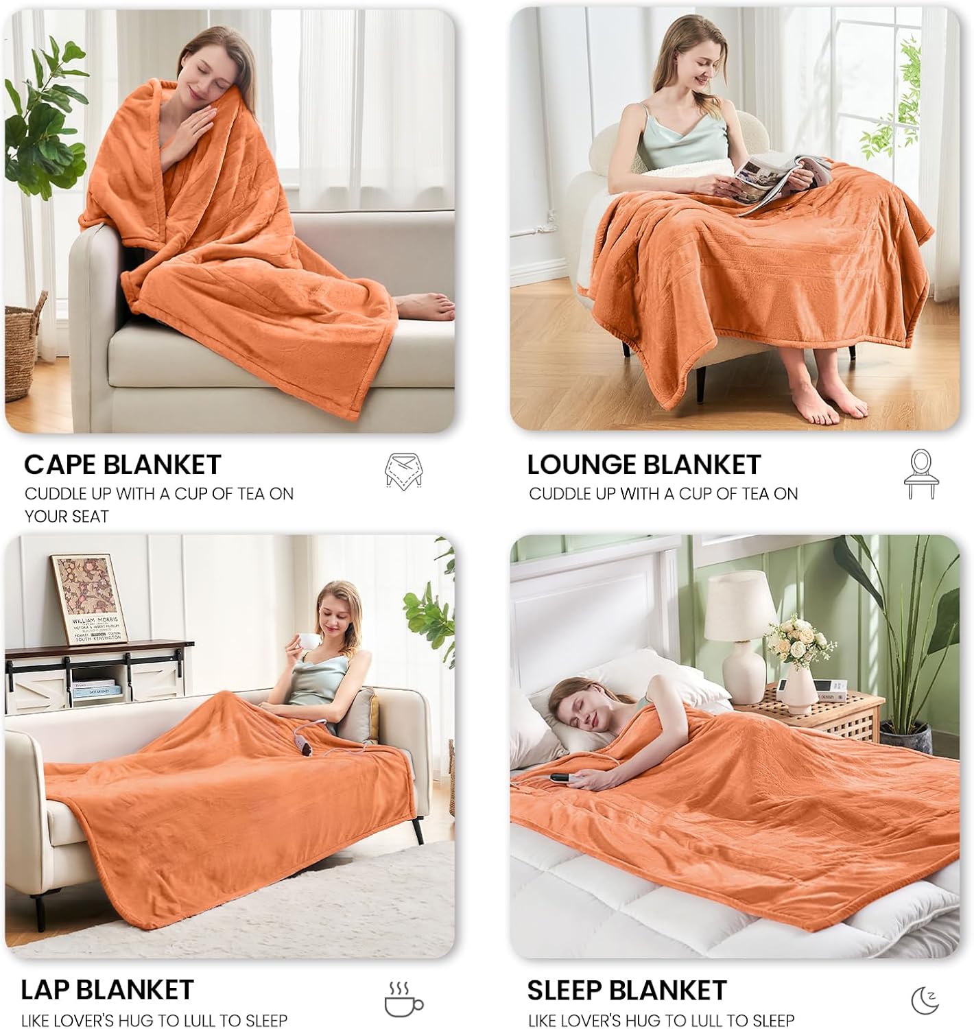 Electric Heated Blanket,Flannel & Sherpa Heated Twin Blanket 62"x84",Fast Heating Soft Fleece Blanket with 8 Heating Levels & 8H Auto Off-Orange