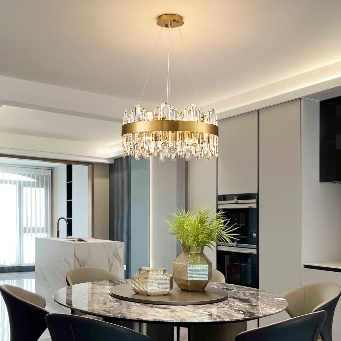 Siljoy Modern Crystal Chandelier, 12-Light Dimmable Brass Gold K9 Crystal Raindrop Chandelier, Luxury Adjustable Crystal Pendant Ceiling Light for Living Dining Room Kitchen Island Entry Foyer D19.7''