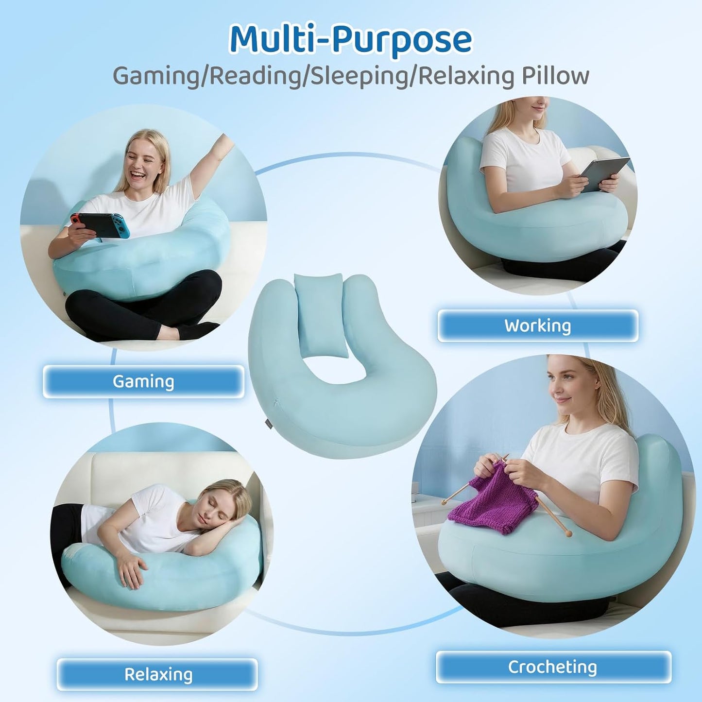 Crochet Pillow for Lap Support - Reading Pillow for Laptop with Extra Back Pillow for Support, Enlarged Gaming Pillow for Lap, Multi-Purpose Reading Pillow for Gaming/Working/Crocheting, Cooling Blue