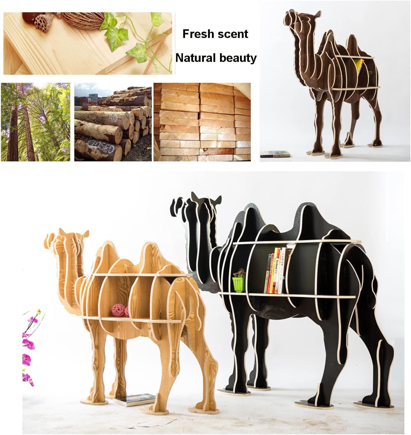Wooden Bookshelf - Animal Shape Storage Shelf, Camel Camel Bookshelf Decorative Rack Window Floor Ornaments Table, Children's Bookcase, Log Shelf Reading Storage Display Stand (Size