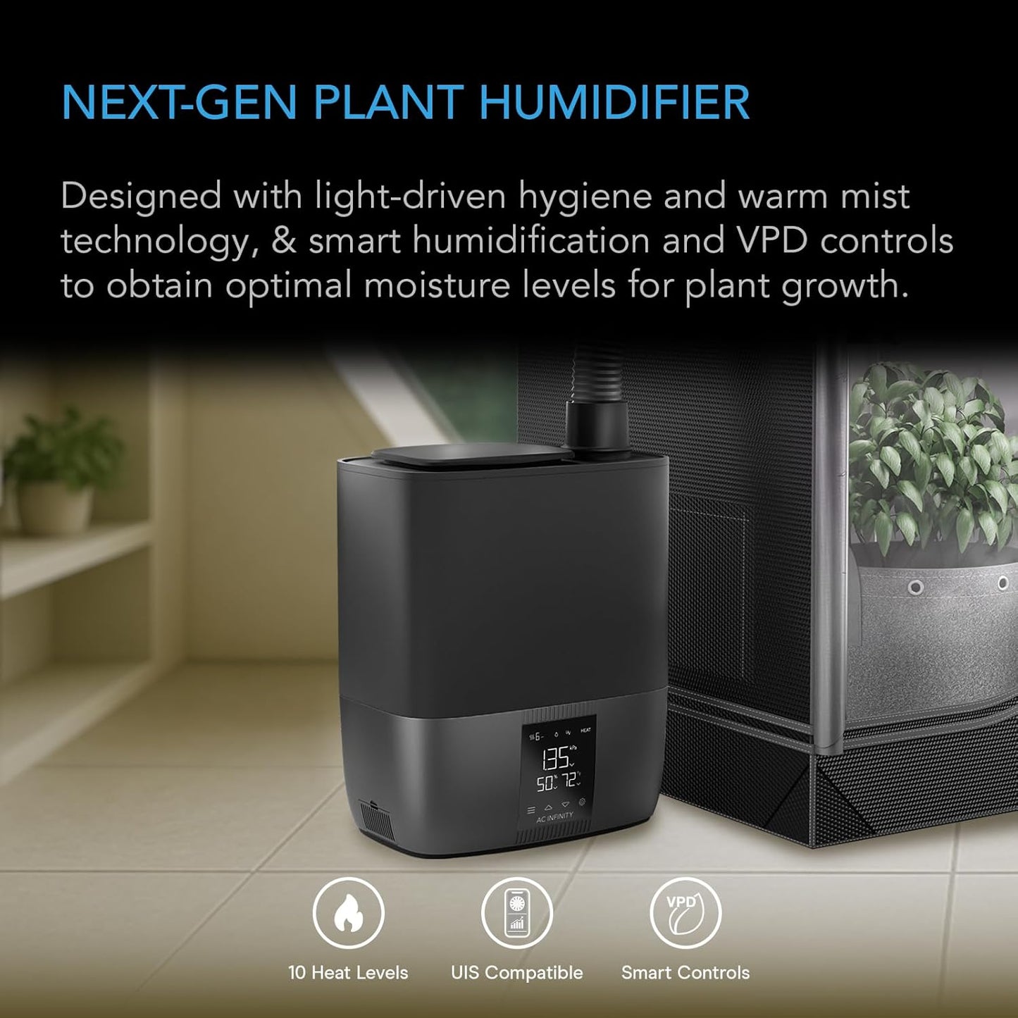AC Infinity CLOUDFORGE T5, Warm Mist Plant Humidifier 9L with VPD Humidity 10-Level Controls, Hot/Cold Vaporizer for All Climates, Continuous Water Purifying, Extendable Targeted Hose for Grow Tents