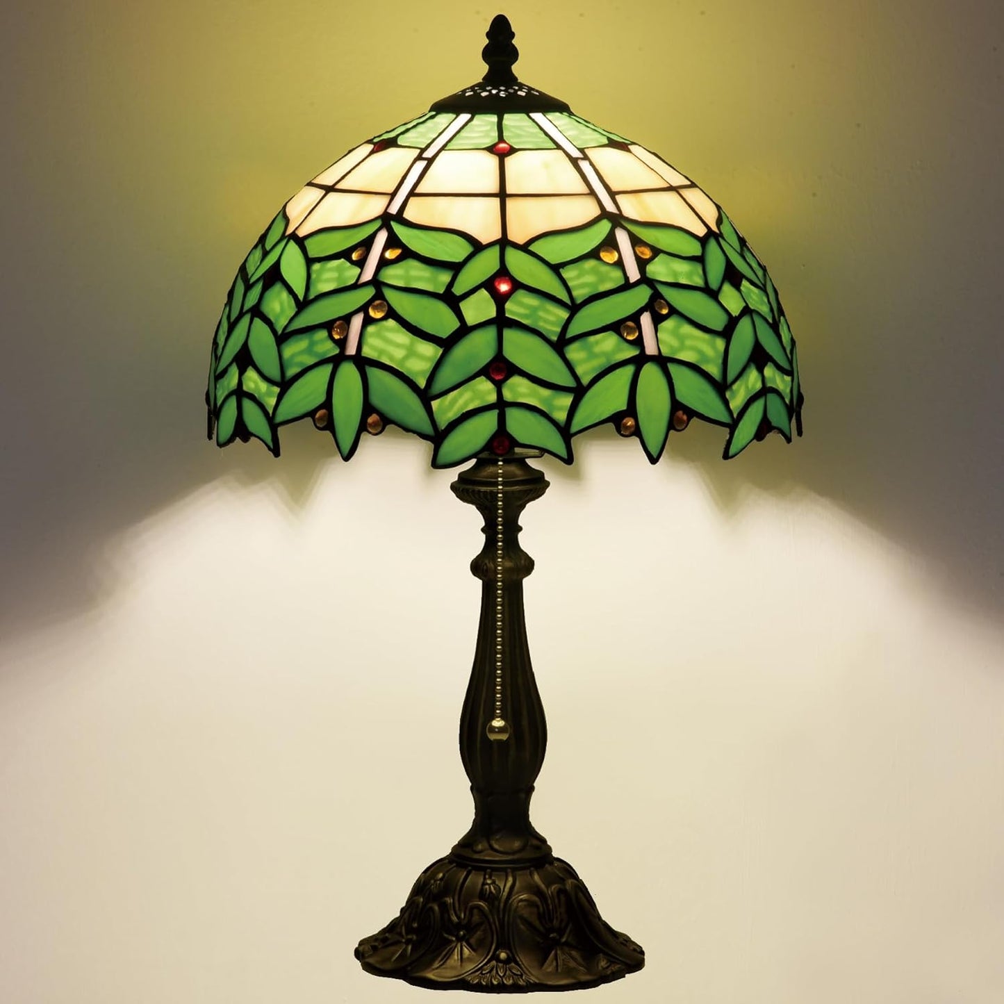 Tiffany Style Stained Glass Table Lamp 12-inch Dia Natural Green Leaf Design Lampshade Nightstand Light for Bedroom Dining Dorm Living Hallway Cottage Office Cafe Ceremony Housewarming Gift