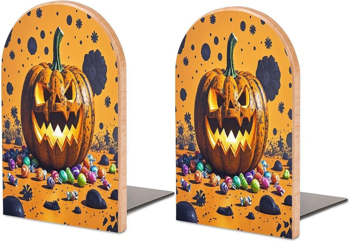 Halloween Pumpkin Monster Bookends 1 Pair Heavy Duty Book Ends for Shelves Non-Skid Bookend Supports Wooden Book Holders with Metal Base Desk Organizers Books Storage to Hold Books