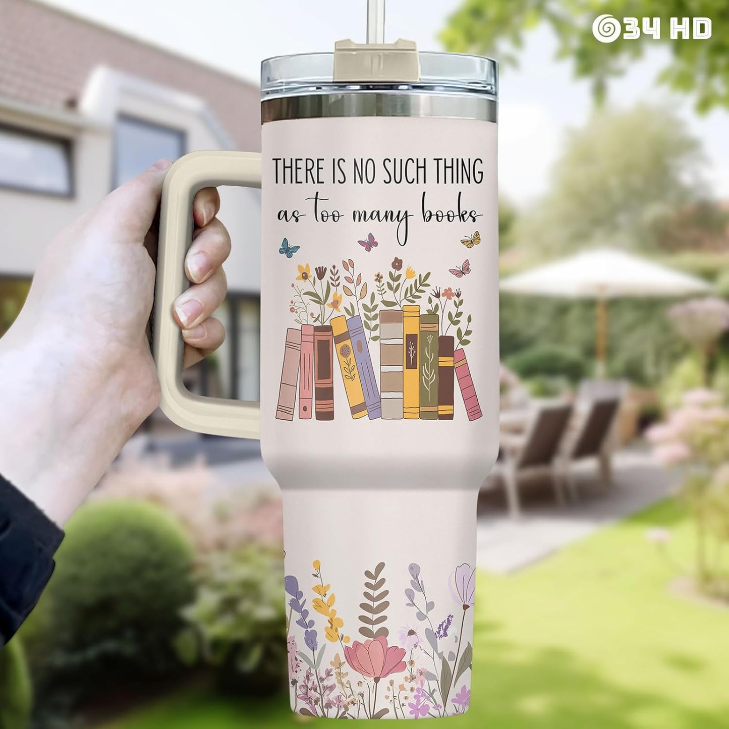 34HD Book Lover Tumbler 40oz with Handle and Straw, So Many Books So Little Time Girl Reading Vacuum Insulated Bookworm Mug, Bookish Gifts for Readers, Librarians & Booknerds