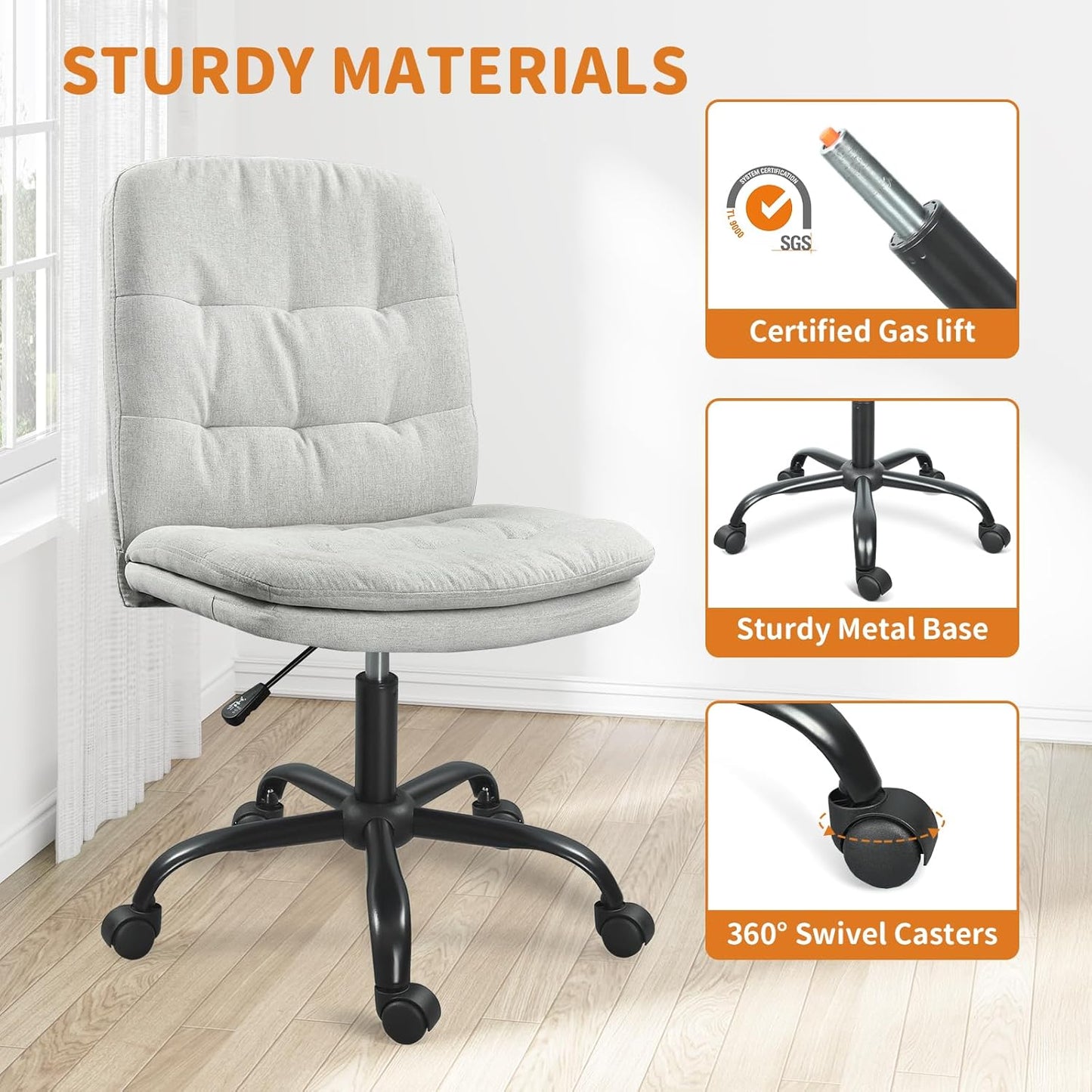 Home Office Desk Chair Comfy - Armless Criss Cross Chair with Wheels Vanity Chair Office Chairs Rolling Swivel Height Adjustable for Adults - Light Grey