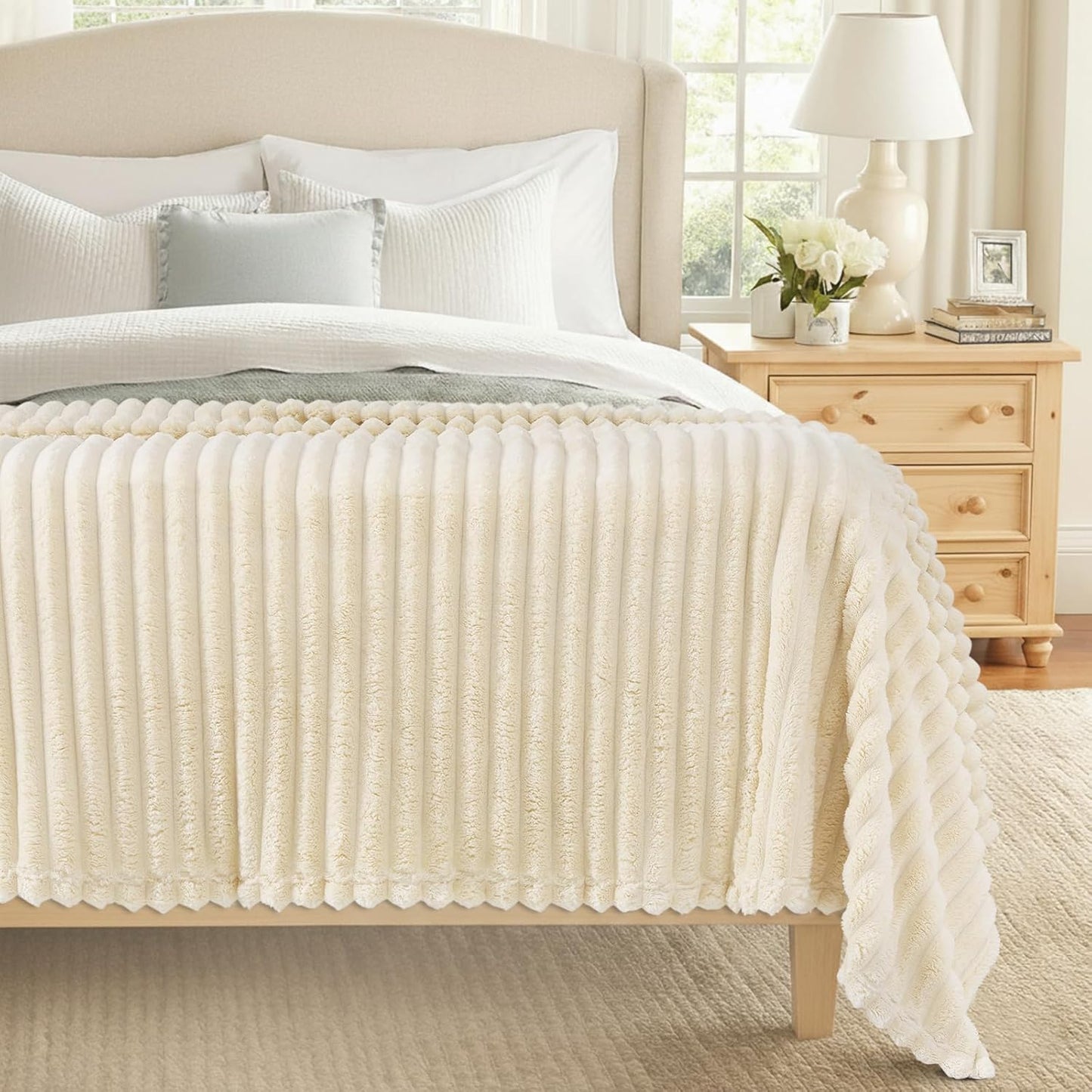 decorUhome Soft Fleece Beige Twin Blanket for Bed, Cozy Fluffy Plush Flannel Striped Throws for Couch Sofa, Lightweight Decorative Ribbed Fuzzy Blanket for Woman, 60x80 Inches