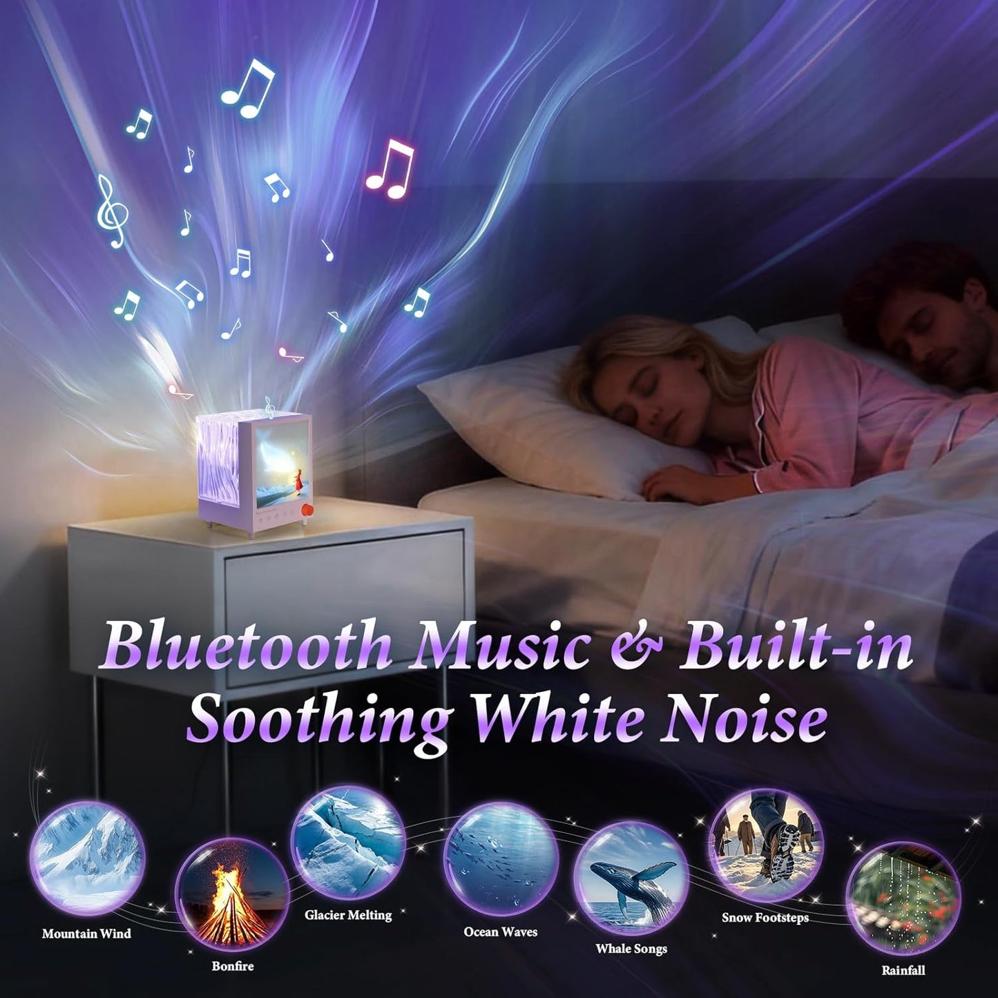 TOBTOS Northern Lights Projector with Bluetooth Speaker & White Noise - 7 Colors Ocean Wave Night Light for Bedroom, Dimmable Mood Lighting, Galaxy Projector for Kids Adults Gift