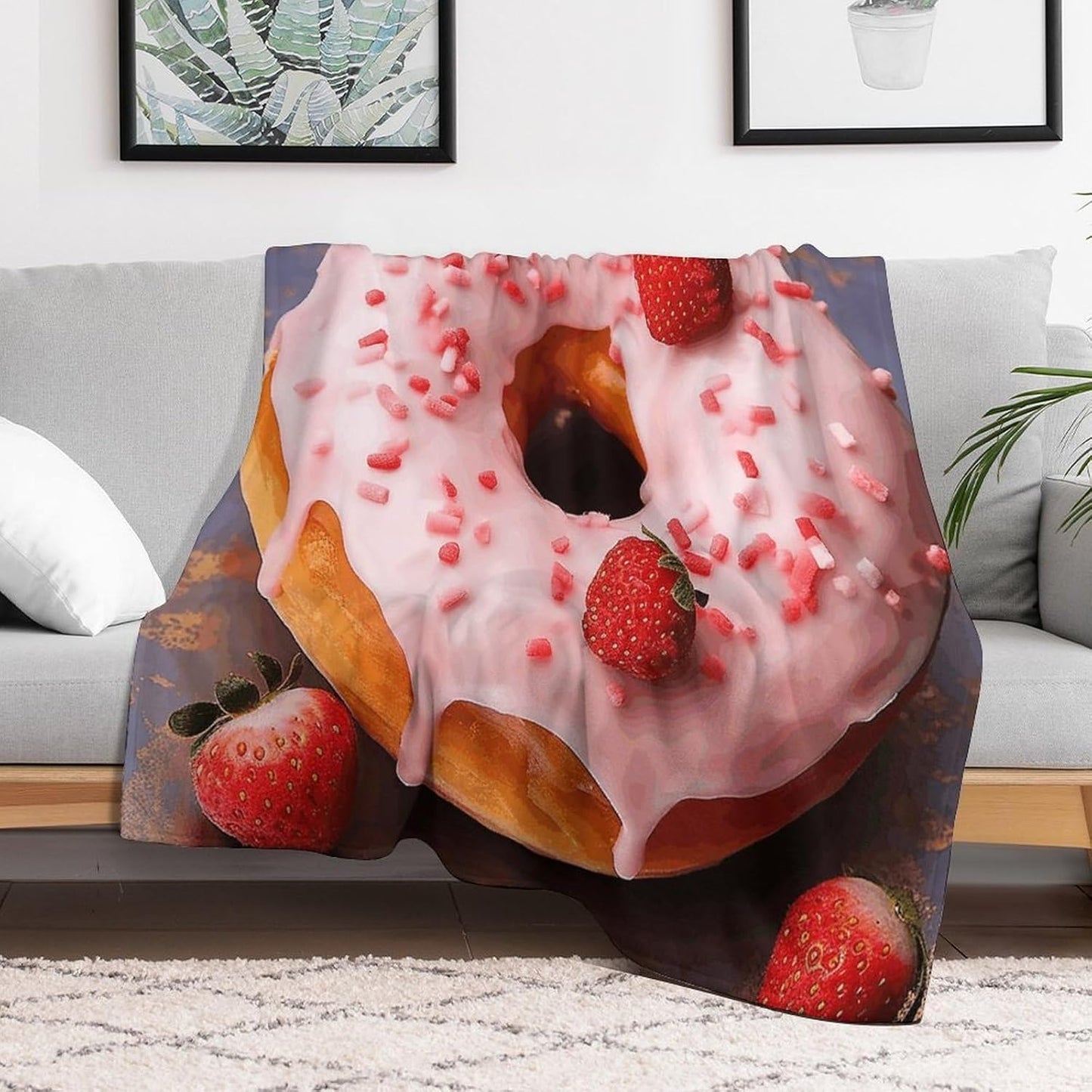 Strawberry Donut Throw Blanket for Couch Super Soft Warm Lightweight Throw Blankets Cozy Flannel Bed Blanket Cute Decorative Blankets for All Seasons Home Decor Gift 60"*80"（150 * 200cm）