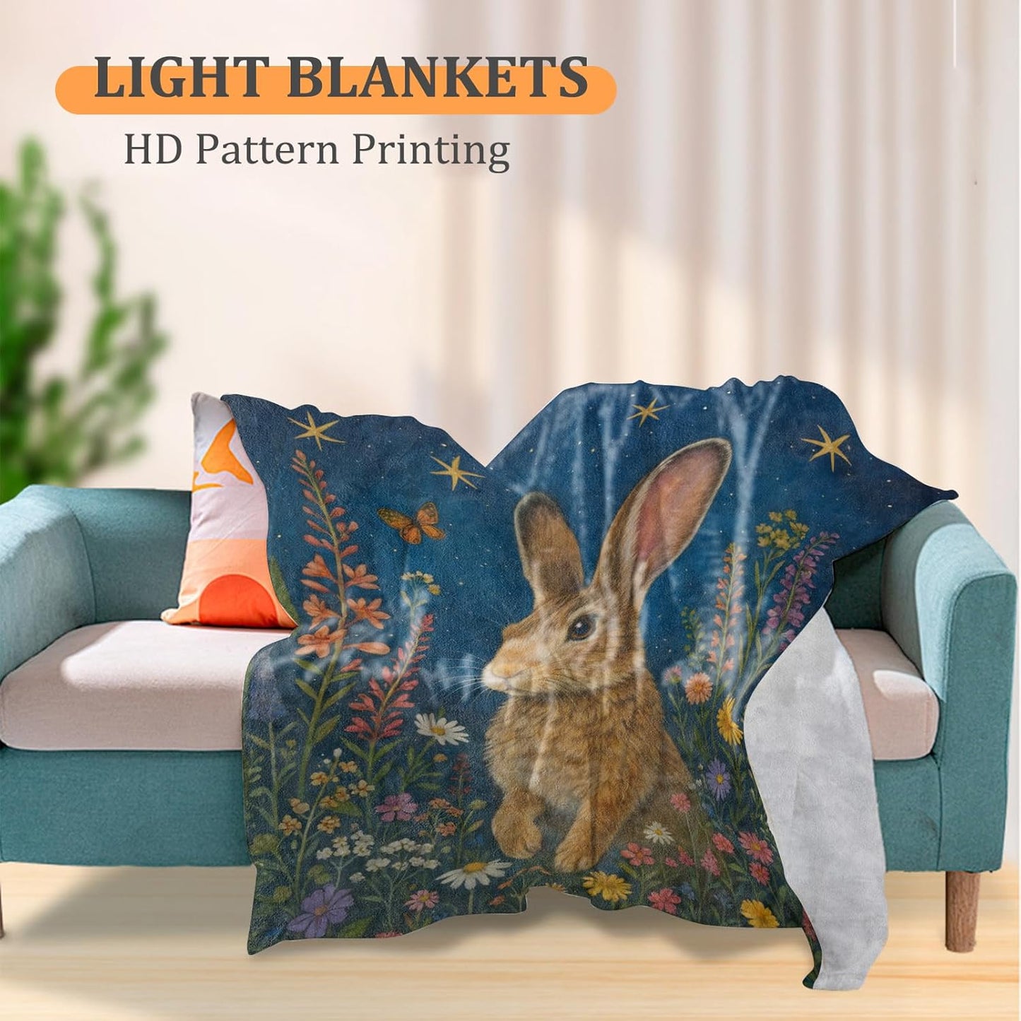 Cute Bunny Floral Meadow Blanket, 60 x 50 Inch Flannel Dreamy Starry Night Rabbit Throw Blanket, Gifts for Women Girls Adults Kids, Lightweight Cozy Warm Blankets for Sofa Travel Home Decor
