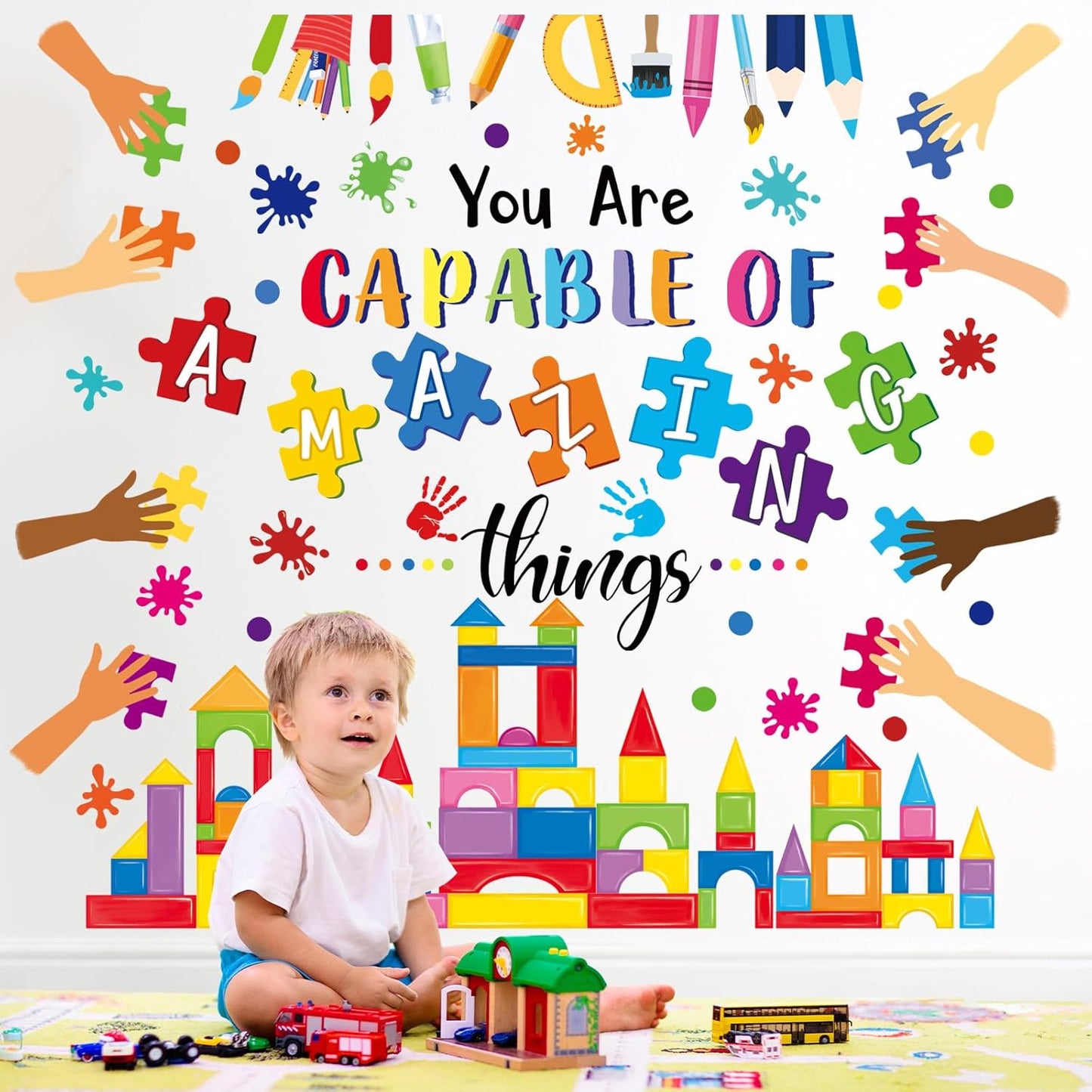 wondever Reading Corner Builders Blocks Wall Stickers Inspirational Quotes You are Capable of Amazing Things Handprint Paint Splatter Peel and Stick Wall Art Decals for Classroom Kids Room School