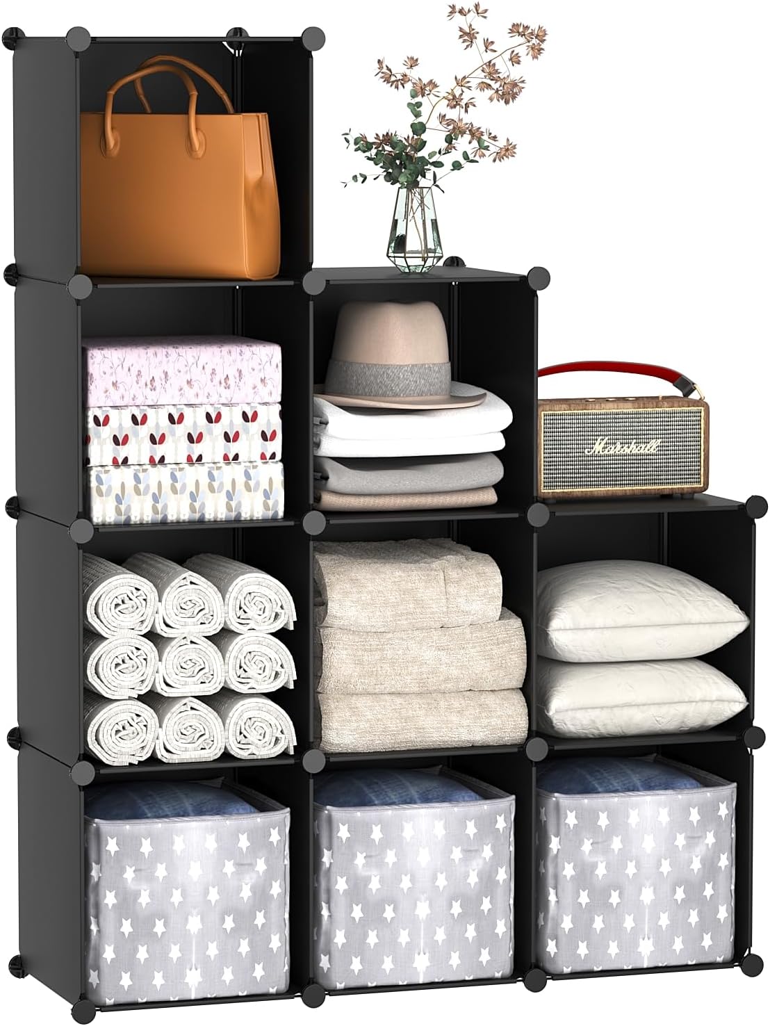 C&AHOME Cube Storage, 9-Cube Bookshelf, Plastic Closet Cabinet Organizer, DIY Stackable Bookcase, Modular Shelving Units Ideal for Home, Office, Kids Room, 36.6" L x 12.4" W x 48.4" H Black SHS3009A