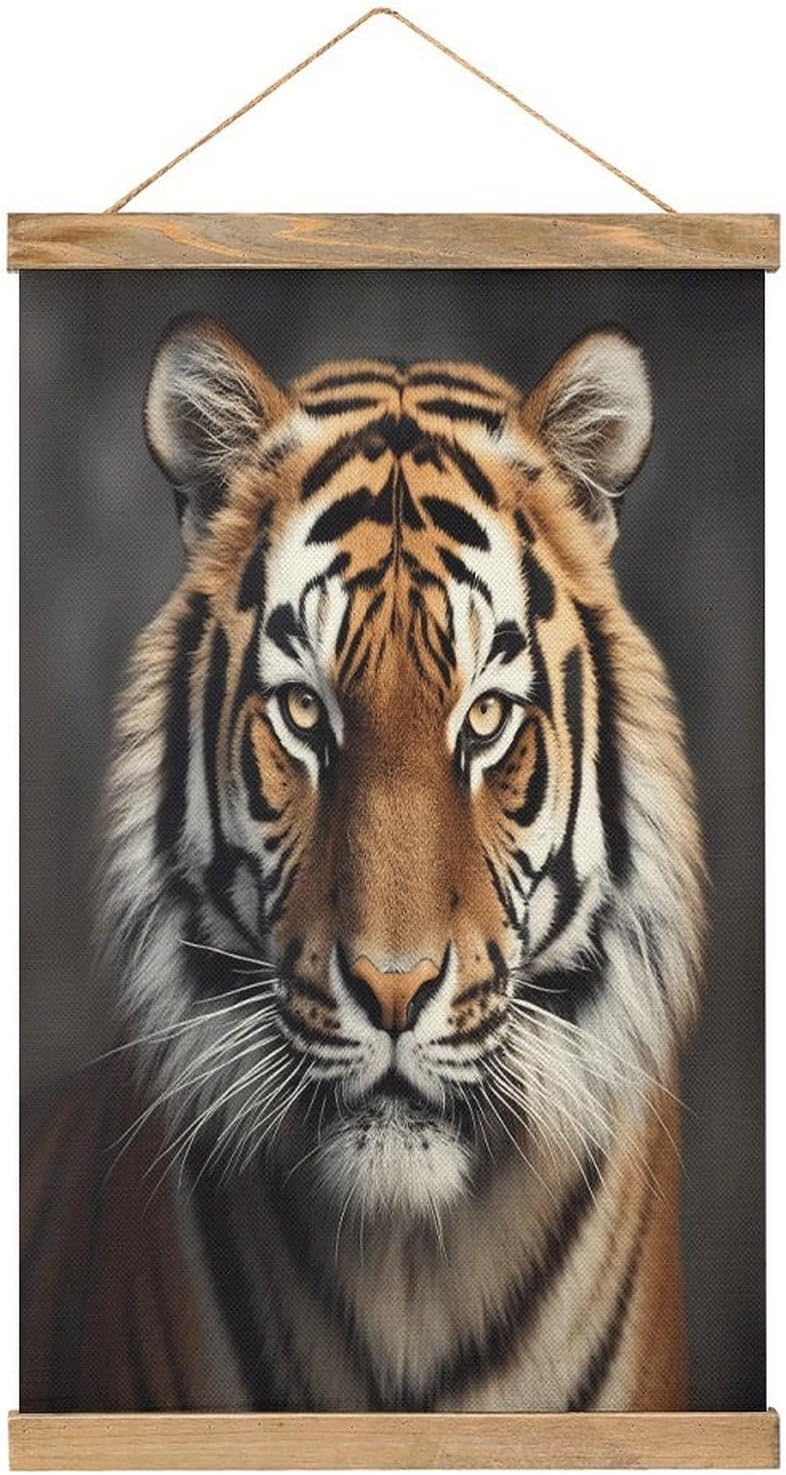 Vintage Tiger Poster with Wooden Frame Personalized Linen Hanging Scroll Painting Rustic Wall Hanging Illustrative Modern Artwork Decor for Home Living Room Bedroom Office