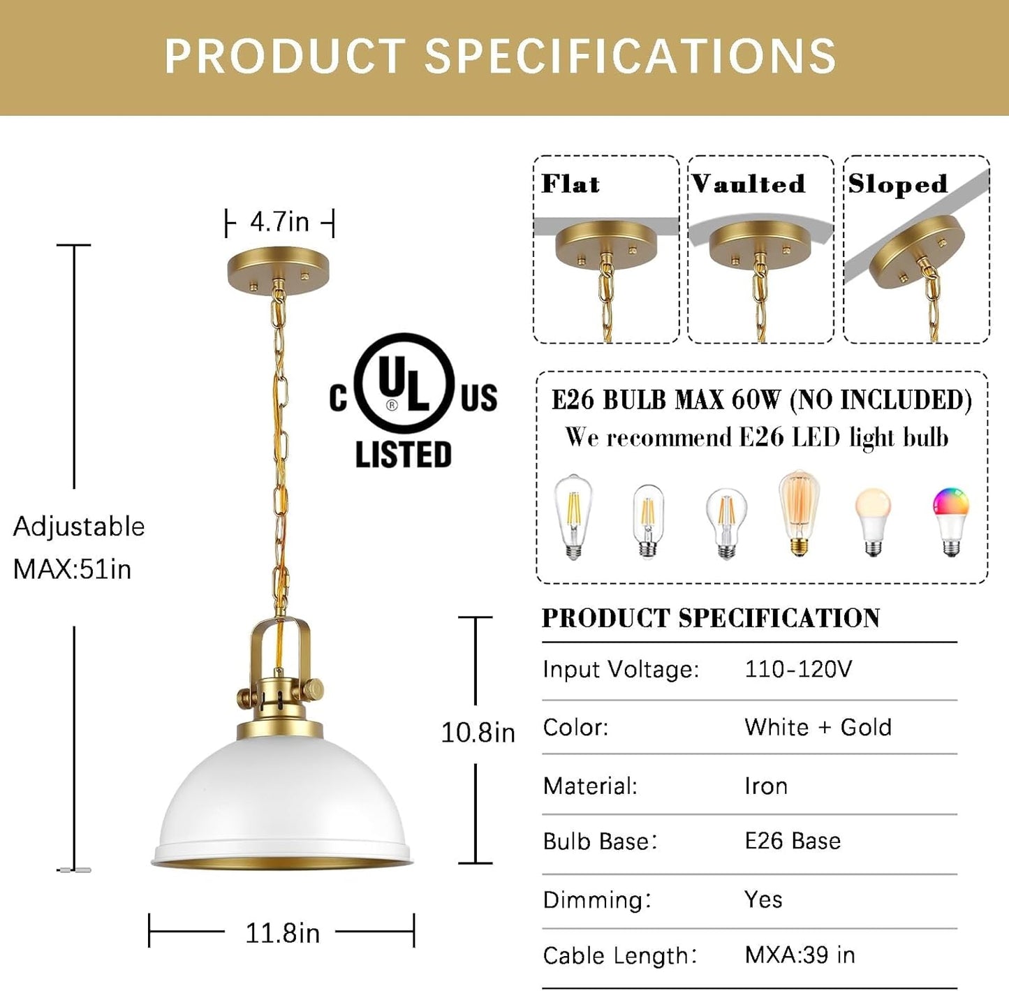 Modern White and Gold Pendant Lights,11.8" Vintage White Gold Pendant Light Fixtures Iron Dome Lighting Hanging Ceiling for Kitchen Island Dining Room Restaurant Bedroom Farmhouse Entrance