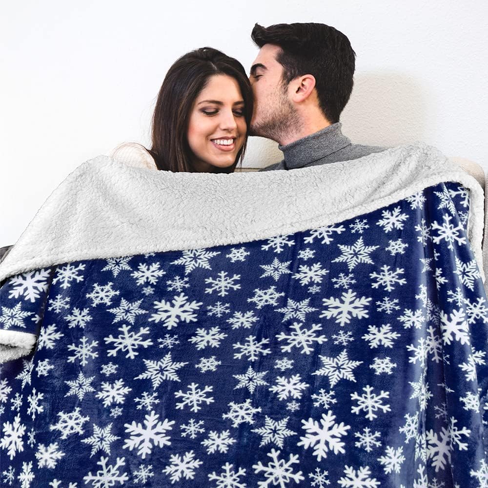 PAVILIA Blue Snowflake Christmas Sherpa Throw Blanket, Reversible Fleece Sherpa Cozy Holiday Blanket 60x80, Soft Winter Throw for Couch & Bed, Plush for Family Friends