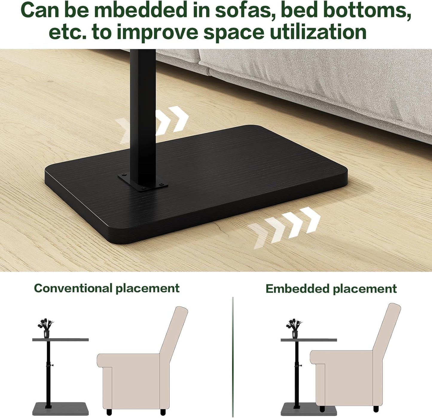 IBUYKE C Shaped Side Table, 360° Swivel Height Adjustable End Table for Small Spaces, with Phone & Tablet Slot, Modern Small Coffee Snack Table for Sofa/Bed, Black UTVT003B